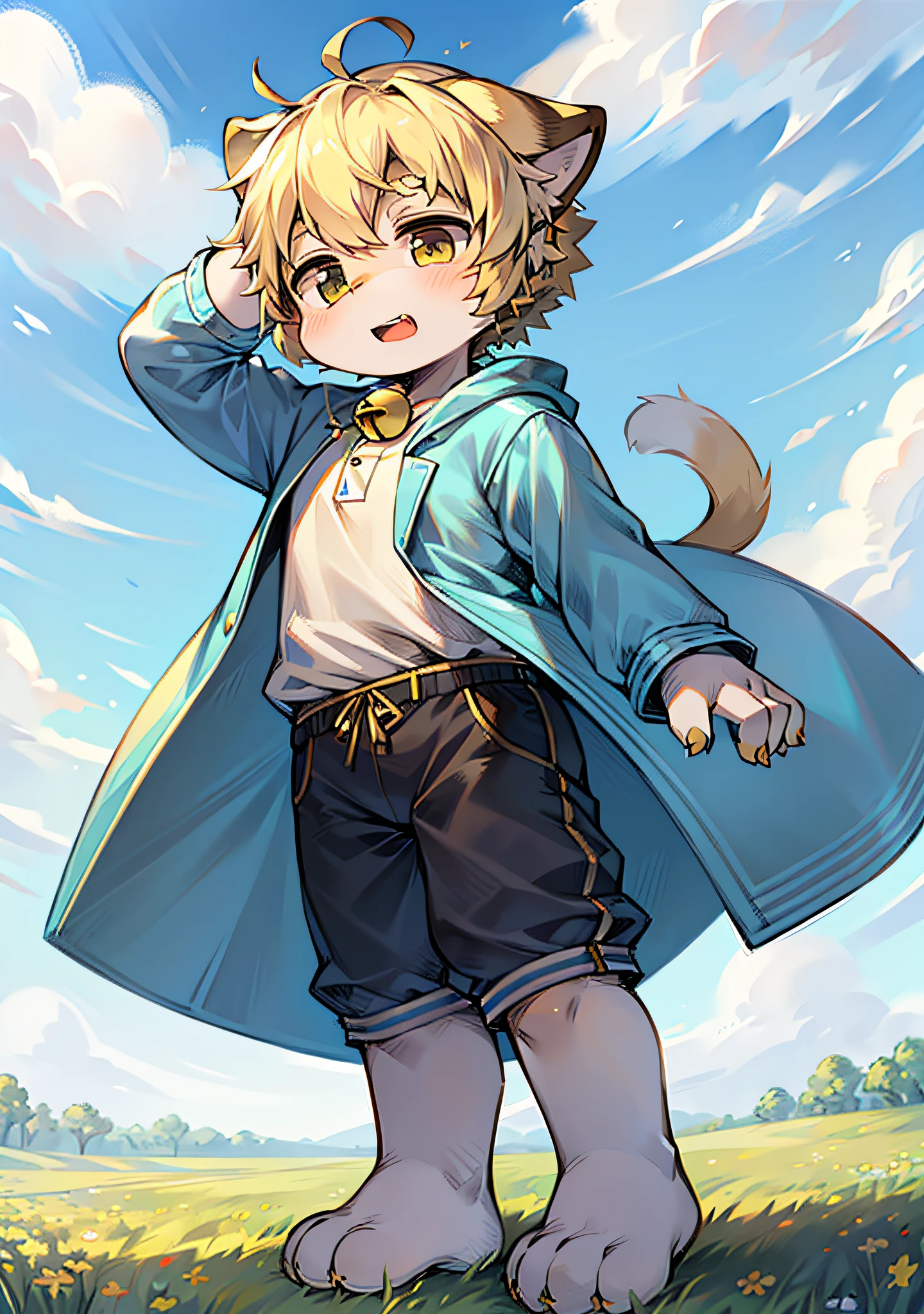 field, garden, band-aid, short hair, blonde, ahoge, bell, headphones, lower body, child, furry, cat ears, open mouth, exposed teeth, clouds, sky, in summer, no spots, cubs, yellow fur everywhere, cat ears, cat type, big fluffy tail, masterpiece, high-quality portrait, humanoid, cub, beard, lone child boy, wind, pose, full shot, sky blue coat, gray shorts, yellow scarf, white shirt, super cute face, Furry paws
