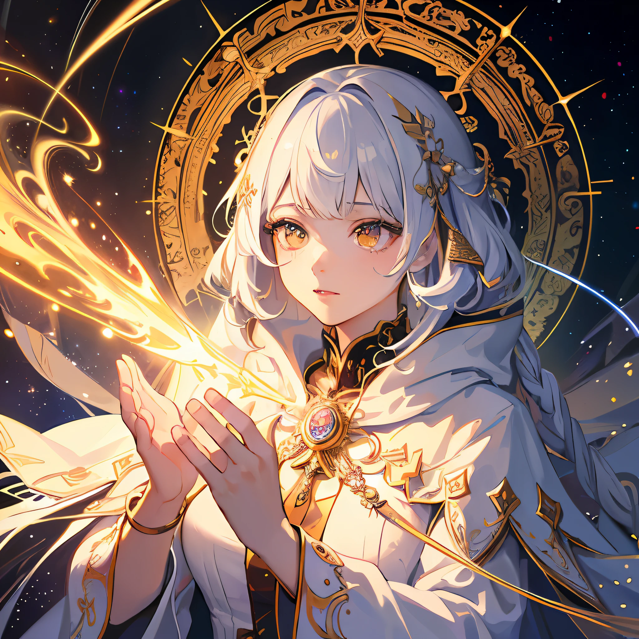 (masterpiece, top quality, best quality, official art, beautiful and aesthetic:1.2), (1girl), extreme detailed, (fractal art:1.3), colorful, highest detailed, perfect face, upper body, HDR, (praying:1.3), (white cloak golden lines:1.2), galaxy, (light streaks), striking visuals, (dynamic streaks, luminous trails:1.2), vibrant colors,
