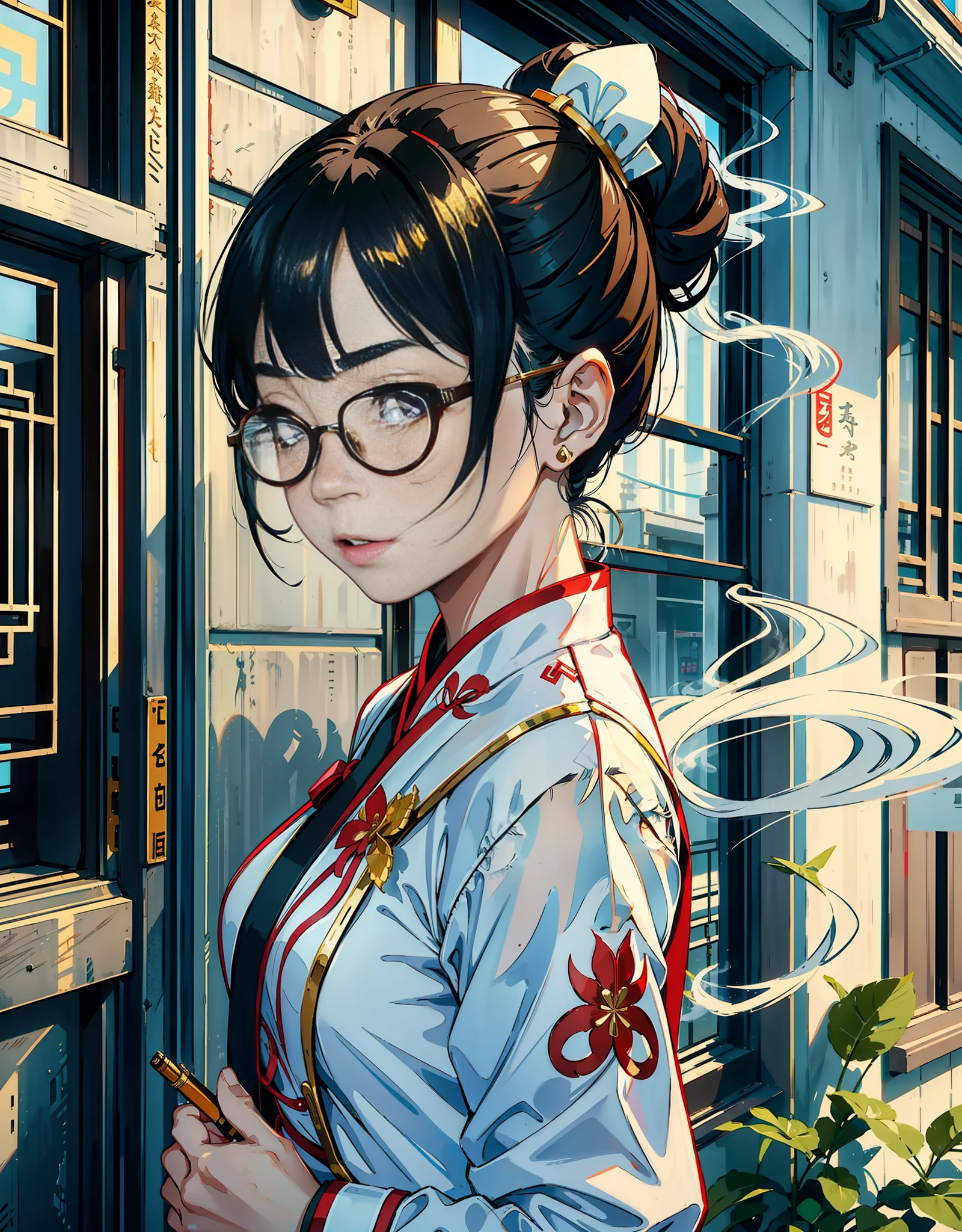 A young girl in a white cheongsam is smoking a cigarette, wearing gold wire glasses, and her eyes are squinting at the screen