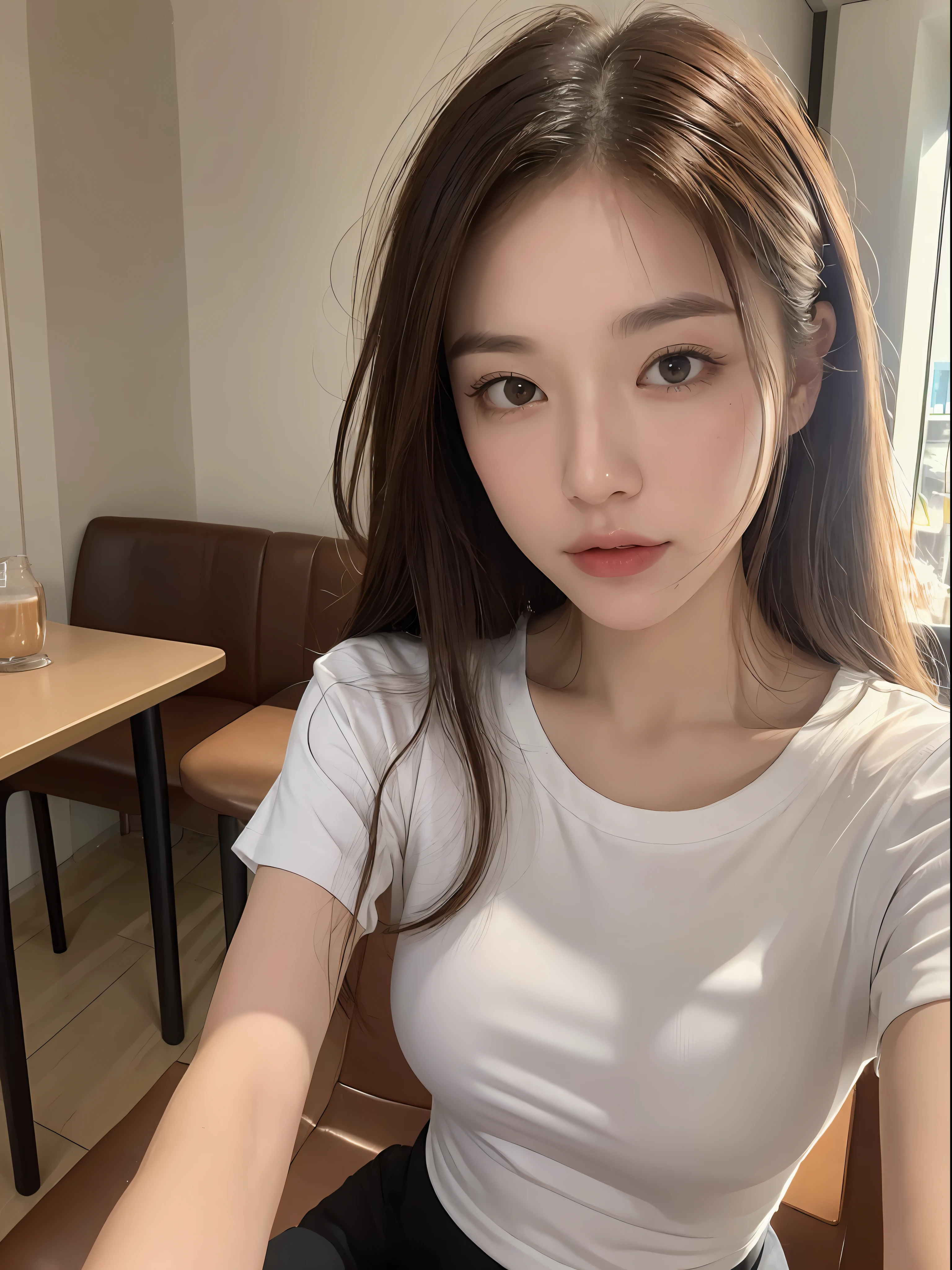 ((, Excellent, 8k, Masterpiece: 1.3)), 1 female, upper body, confident, (selfie: 1.5), white T-shirt, focal length: 1.2, slender abs: 1.1, (dark brown hair )), (sitting in chair: 1.2), ((café: 1.3)), highly detailed face and skin texture,