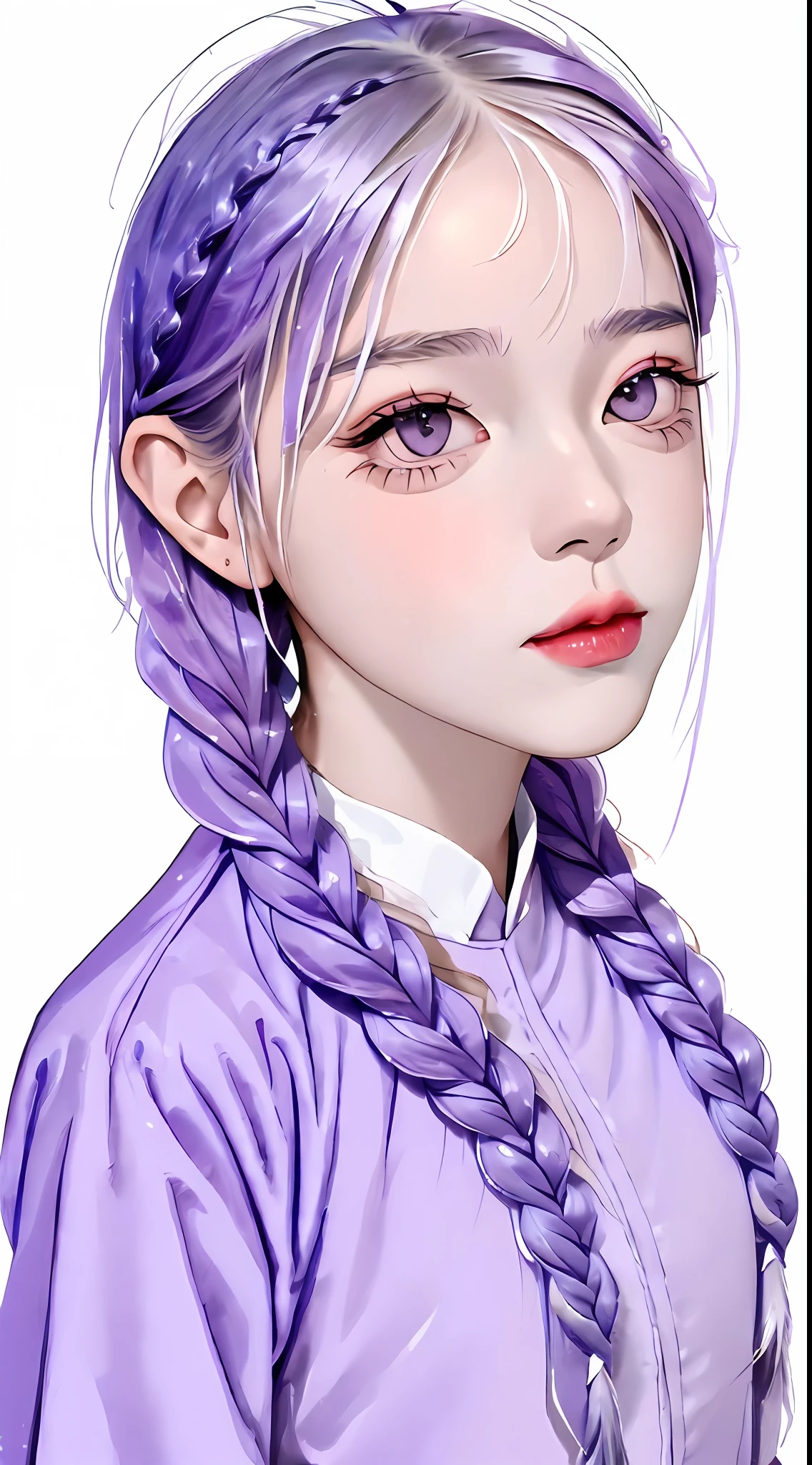 a girl,((((((violet ash long wo braids)))))),simple modern clothing,pink lip,Exquisite makeup,clavicalis,lovable,beauty,young girl,Glossy skin,exquisite,(((((white eyes))))),Face up,Look at the audience,Half-length photo,mid-shot,character middle screen,solo,(((pure white background))),((Lavender Element)),masterpiece,Meticulous depiction,dreamy,cg,16k,the best lighting,the best shadows,extremely exquisite and beautiful,