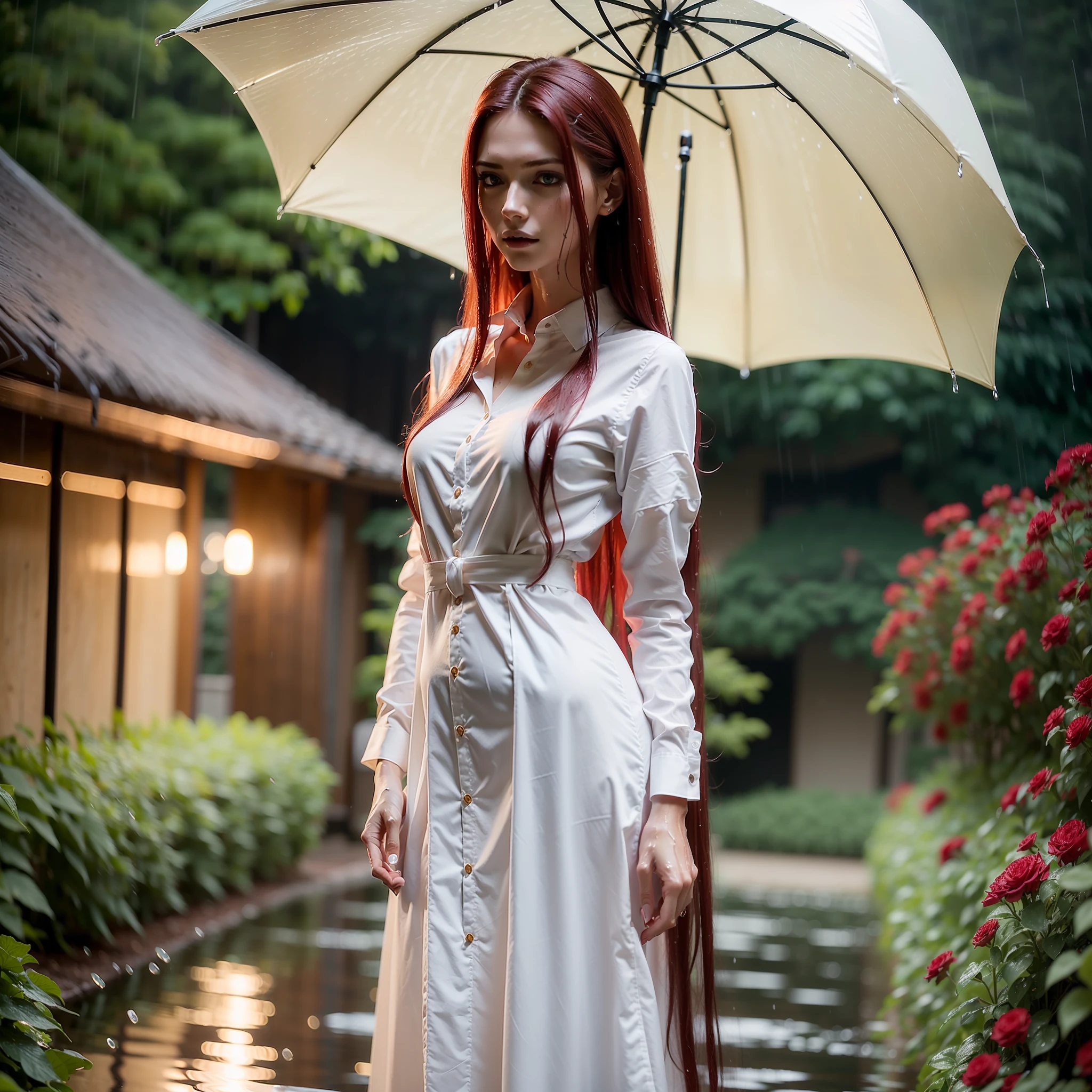 (tall woman with slim figure), (she stands in the garden in rainy weather), ((dark red very long hair)), (small head), ((detailed realistic face and eyes)), cinematic lighting, 8K resolution, ((long white shirt)), ((very wet shirt)), ((wet hair))