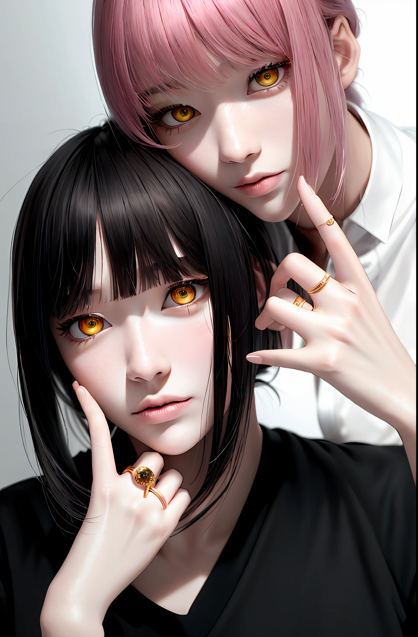 Masterpiece, (Photorealistic: 1.4), Top Quality, Beautiful Lighting, (ulzzang-6500:0.5), Makima \(Chainsaw Man\), (Bob Hair) + (Black Hair) + (Bangs), Yellow Eyes, Golden Eyes, (((Ring Eyes)), (Pink Shirt), RAW Photography, 8k UHD, Film Grain