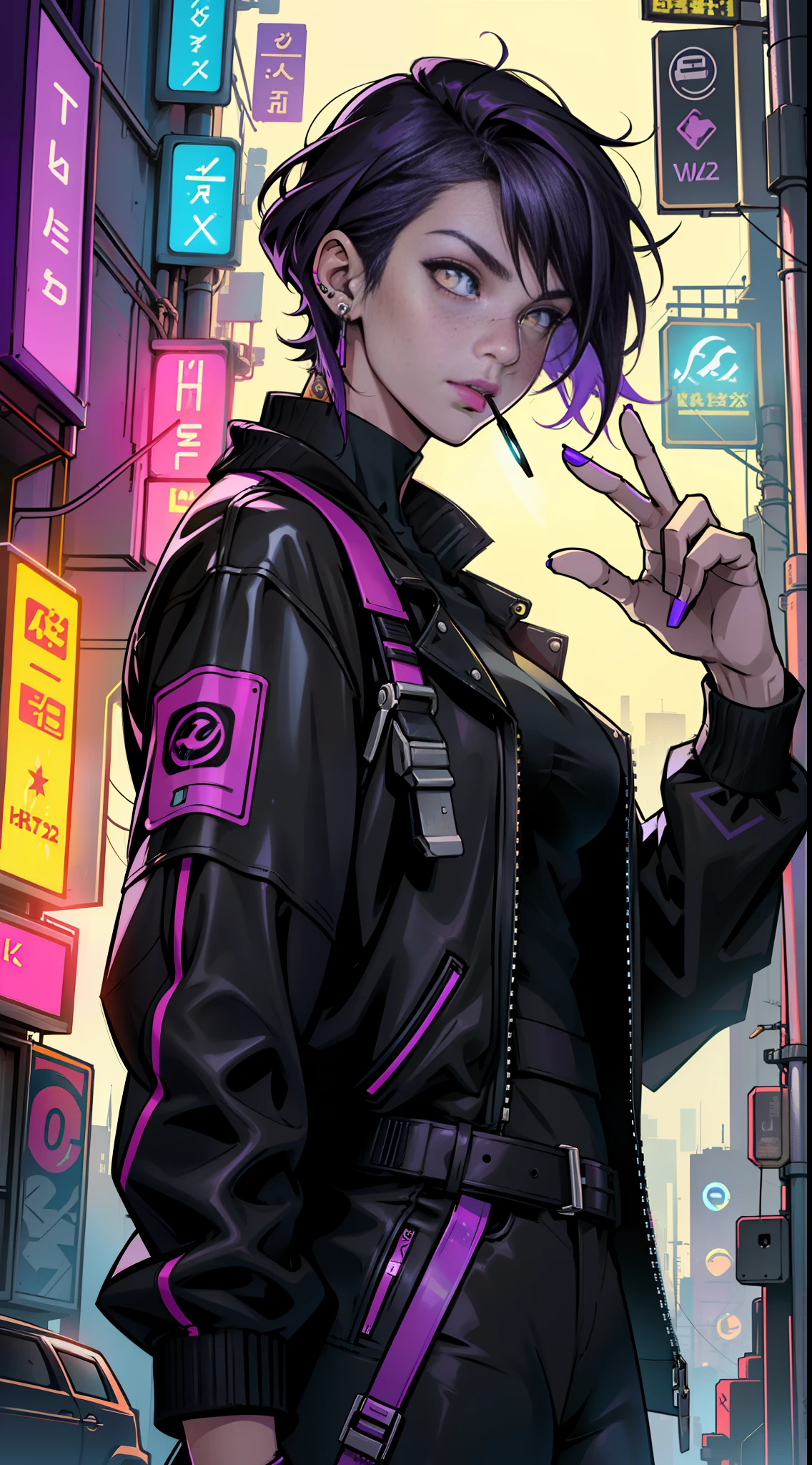 1girl,solo,colorful,yellow eyes,cyberpunk,city,peace sign,earrings,purple hair,eye patche,freckles,prothesis,mechanic,neon,beautiful lighting,purple reflection,cap,smoking,character focus,cg illustration,bust shot,yellow and black outfit,black hair,