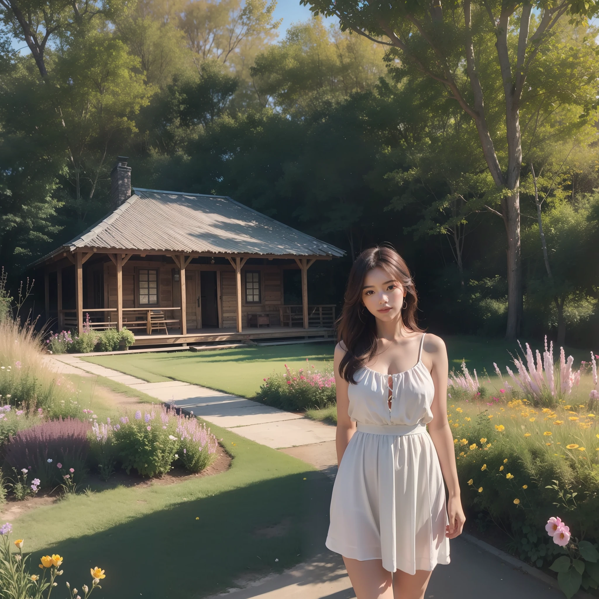 A captivating scene of a radiant young woman standing gracefully in front of a rustic wooden fence, with a breathtaking natural landscape as the backdrop, bathed in warm golden sunlight, surrounded by vibrant blooming flowers, creating a serene and idyllic atmosphere