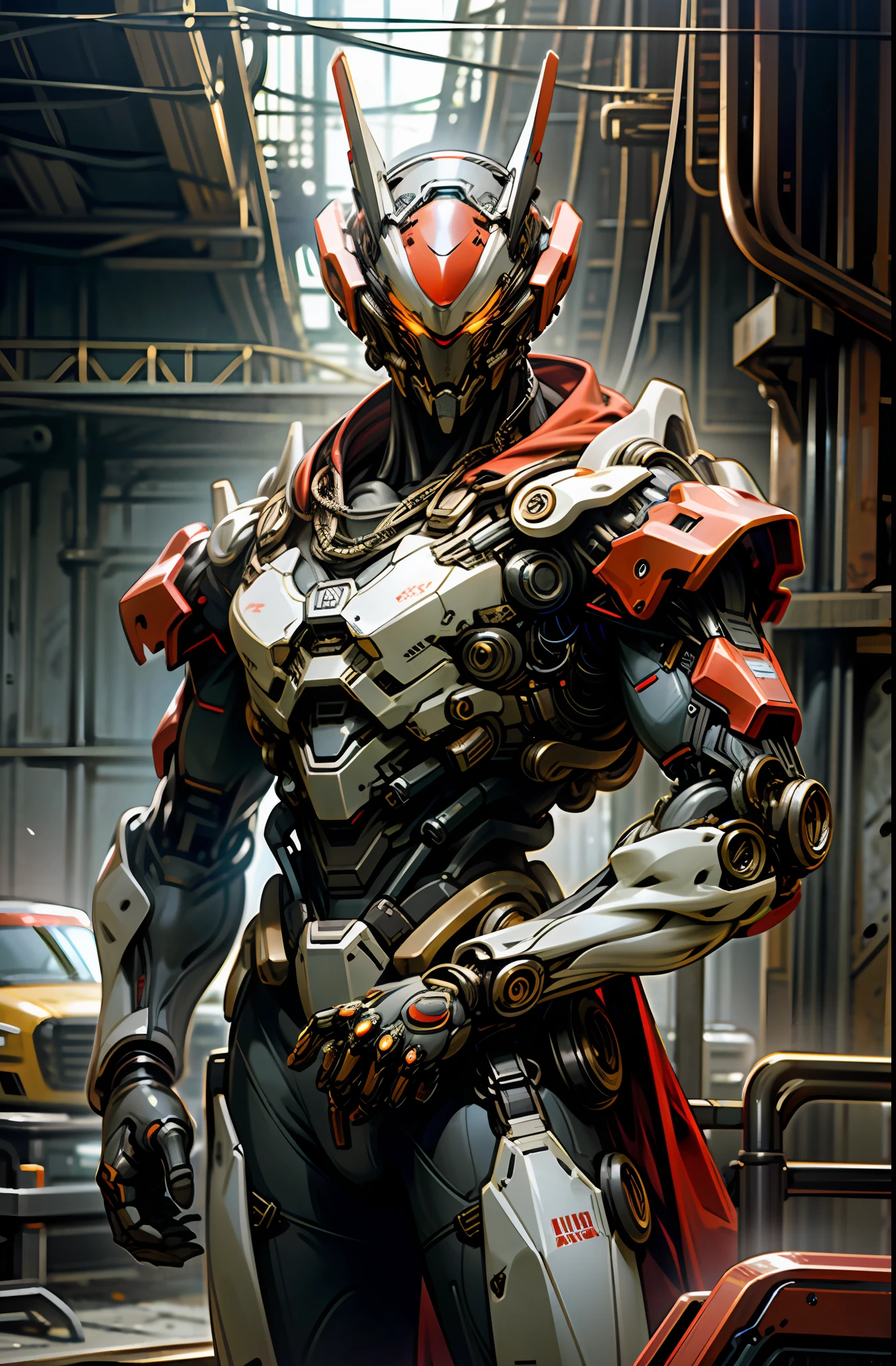 8K wallpapers, hyper-detailed works, cinematic lighting, realistic photos, Dark_Fantasy, Cyberpunk, (chain saw, chain saw man, Red:1.1), 1man, Mechanical marvel, Robotic presence, Cybernetic guardian, wearing shabby mecha suits, intricate, (steel metal [rust]), elegant, Clear focus, shot by Greg Rutkowski, soft lighting, bright colors, masterpiece, ((street)), cowboy shooting, dynamic pose, back two knives