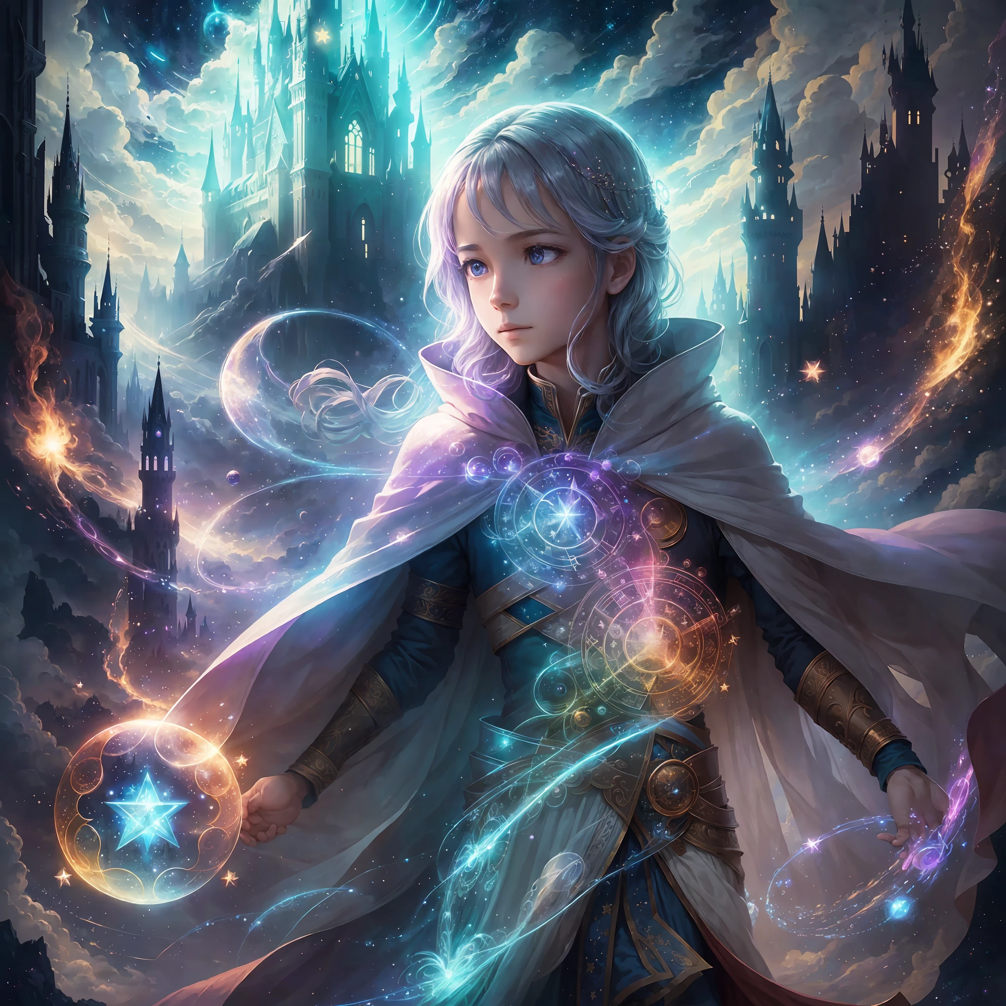 Artwork beyond time and space, movie poster level quality, high-definition and delicate picture, bright colors, full of magical colors and imagination, the main body is a handsome boy and beautiful girl, wearing a hollow silver suit, holding a magic wand, floating in the air, the surrounding scenes have castles, clouds, dense fog, lakes, the lighting is very magical, there are vignetting and light transmission, the picture is decorated with magic symbols and stars, and the whole picture presents a magical and dreamy atmosphere. --auto --s2