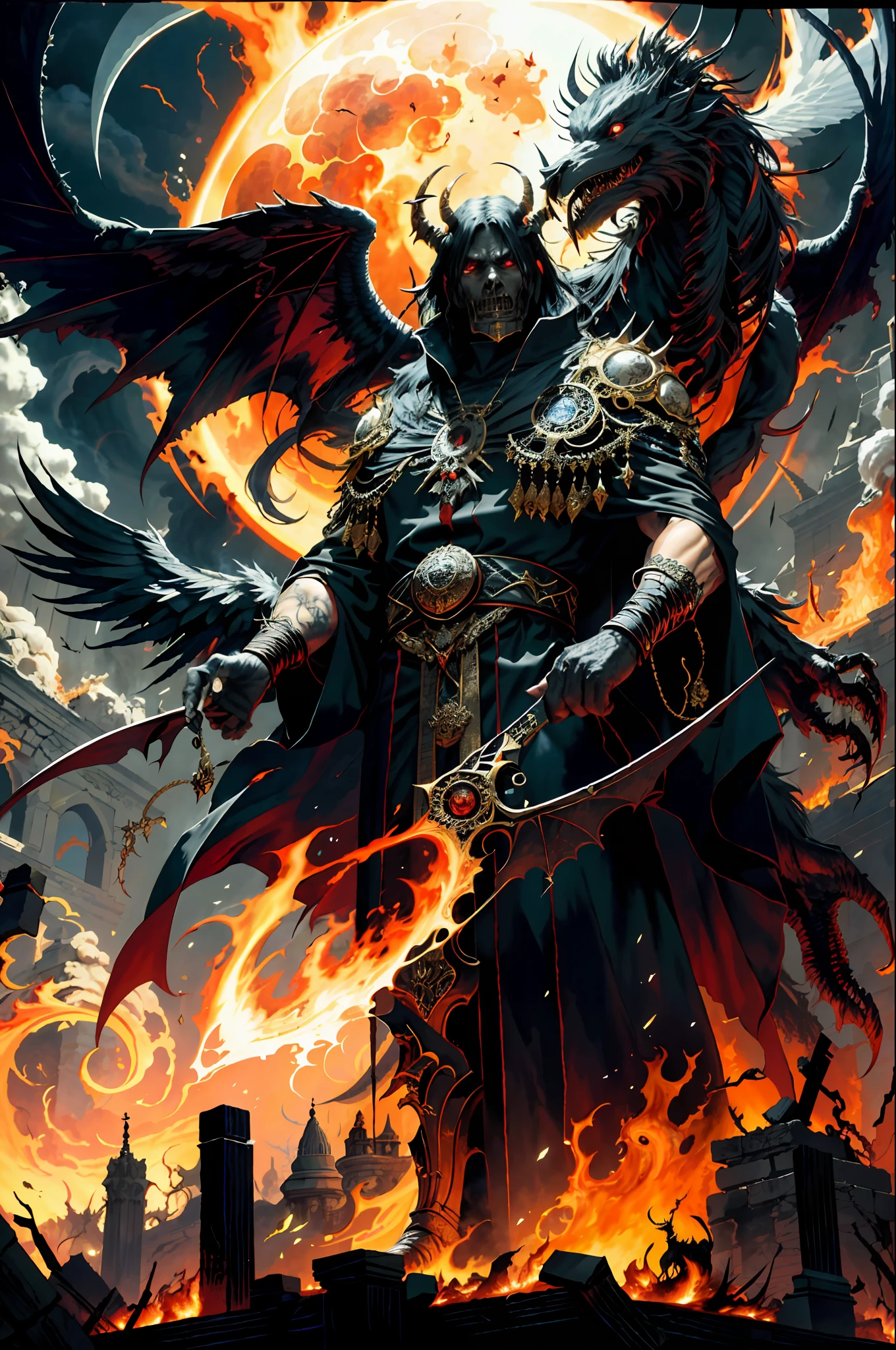Grand Asmodeus, a towering figure draped in regal black robes embellished with gold embroidery, stands among the ruins of a city, flanked by fire and smoke rising from burning buildings. The air is thick with the stench of ashes and destruction as horrified onlookers cower in fear. The mood is dark and ominous, evoking a sense of impending doom. The atmosphere is heavy and oppressive, with a palpable tension that hangs in the air. A red aura radiates from Asmodeus, casting a sinister glow on his features, emphasizing his menacing presence amidst the chaos and lustful carnage