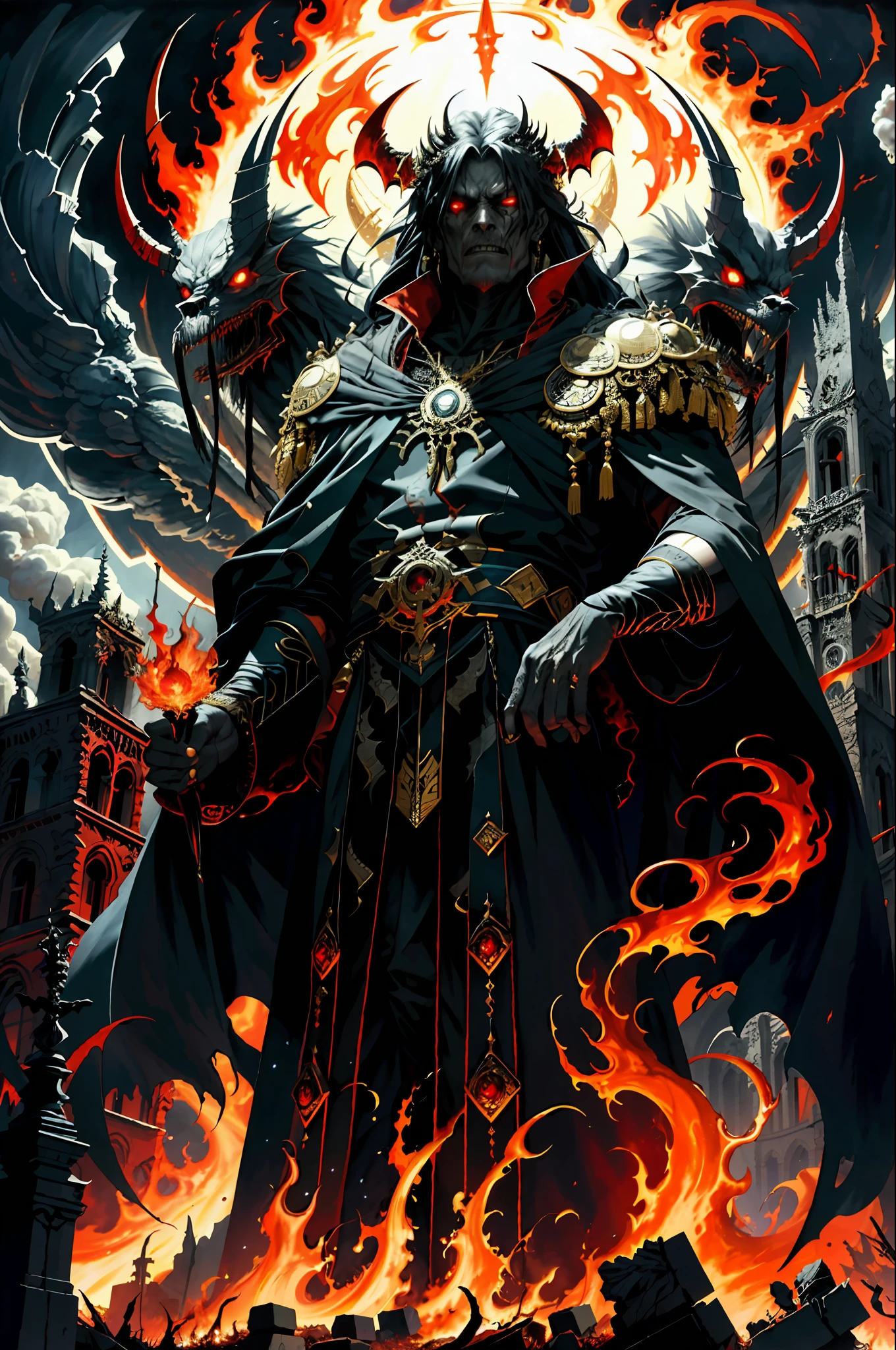 Grand Asmodeus, a towering figure draped in regal black robes embellished with gold embroidery, stands among the ruins of a city, flanked by fire and smoke rising from burning buildings. The air is thick with the stench of ashes and destruction as horrified onlookers cower in fear. The mood is dark and ominous, evoking a sense of impending doom. The atmosphere is heavy and oppressive, with a palpable tension that hangs in the air. A red aura radiates from Asmodeus, casting a sinister glow on his features, emphasizing his menacing presence amidst the chaos and lustful carnage