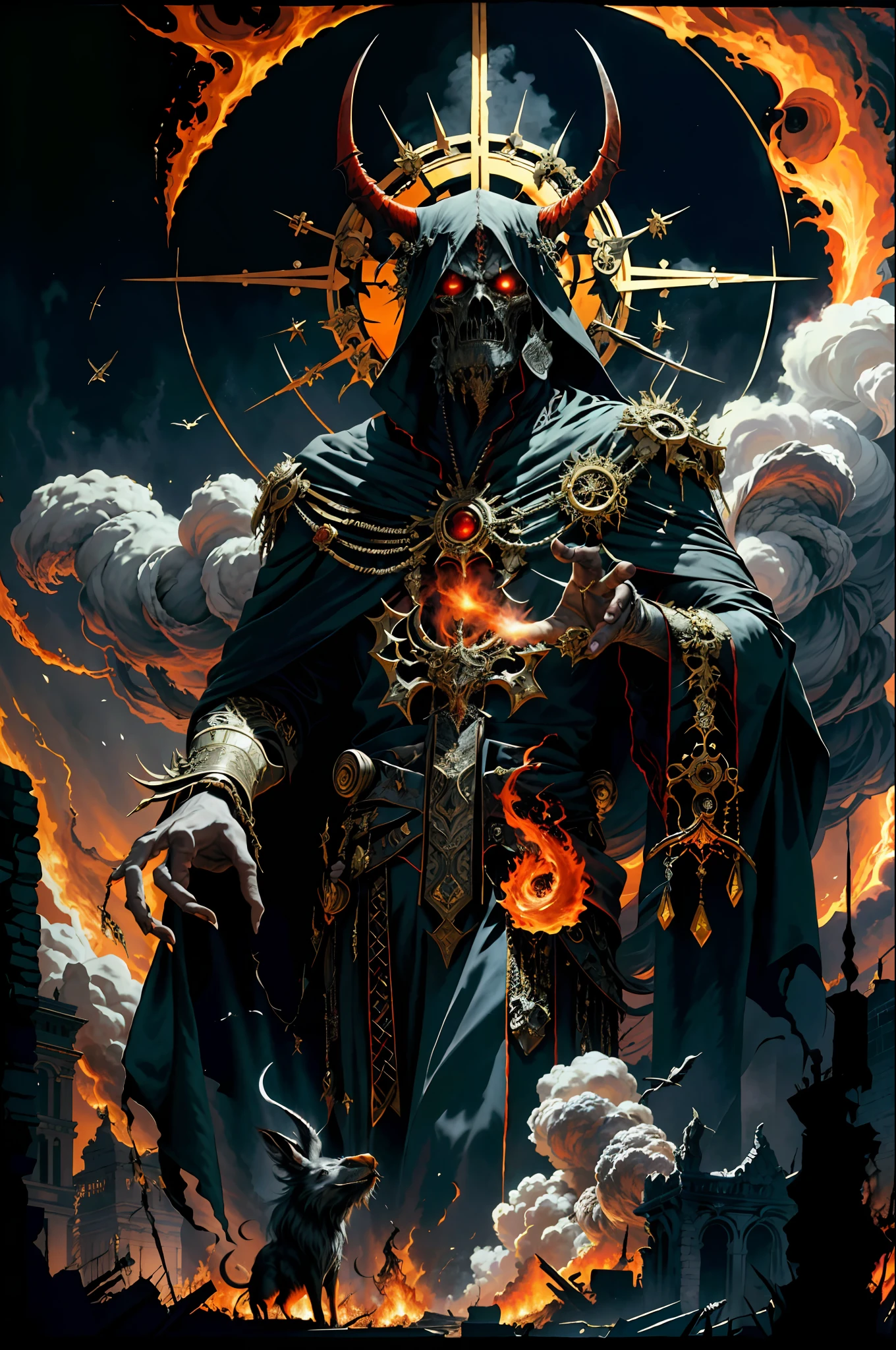 Grand Asmodeus, a towering figure draped in regal black robes embellished with gold embroidery, stands among the ruins of a city, flanked by fire and smoke rising from burning buildings. The air is thick with the stench of ashes and destruction as horrified onlookers cower in fear. The mood is dark and ominous, evoking a sense of impending doom. The atmosphere is heavy and oppressive, with a palpable tension that hangs in the air. A red aura radiates from Asmodeus, casting a sinister glow on his features, emphasizing his menacing presence amidst the chaos and lustful carnage