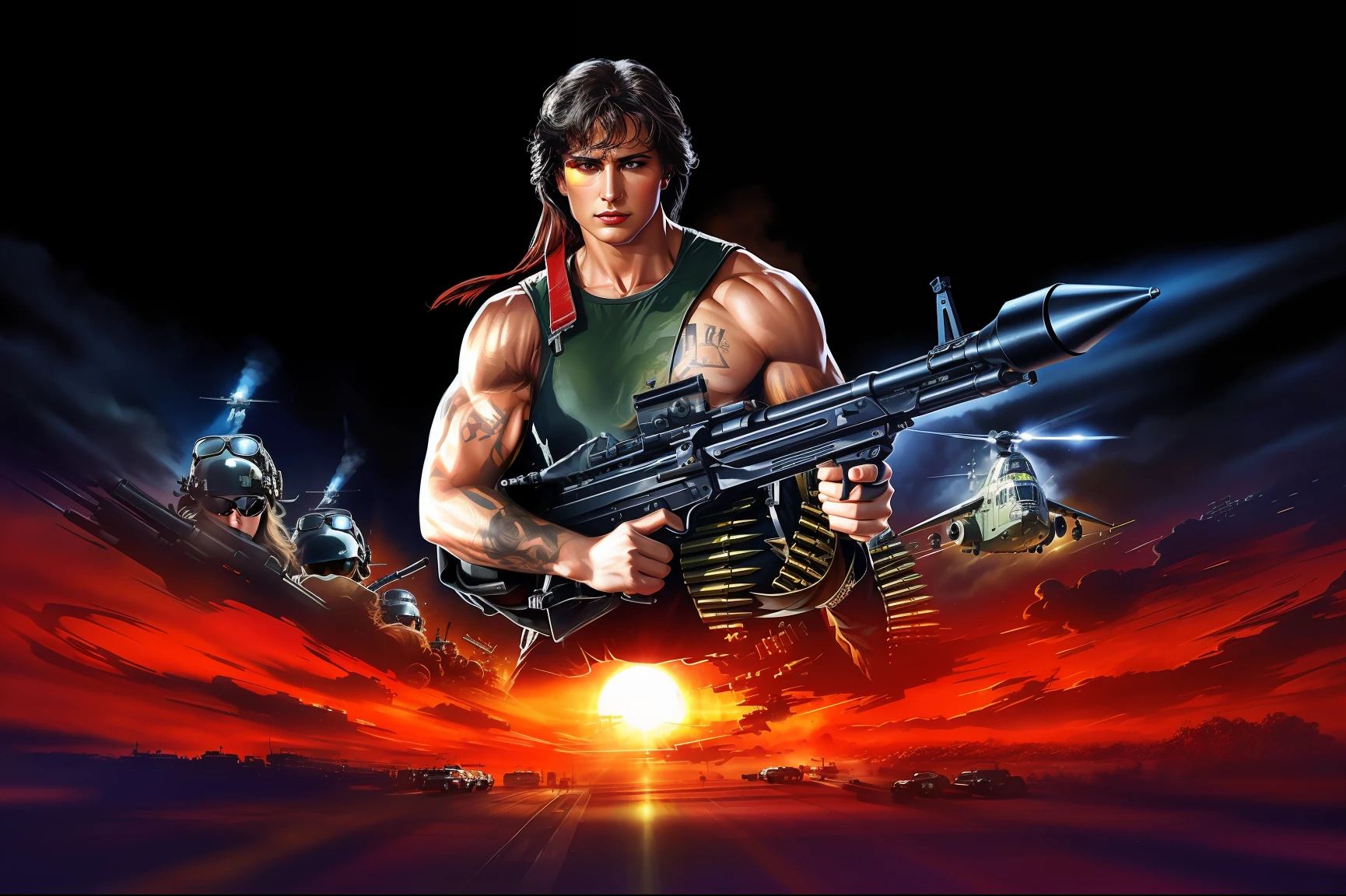 Police movie poster, beautiful woman, medium dark long hair,sunglasses, with big gun in hands, black clothes, rivets, explosions, cars, airplanes, just one body