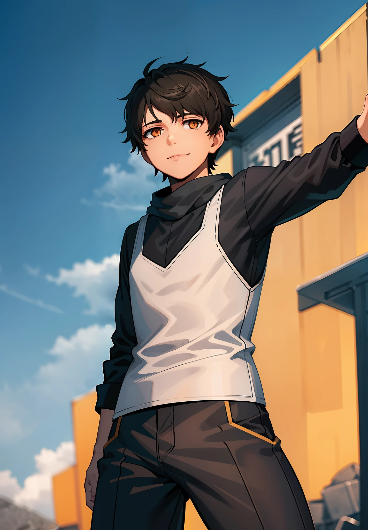 1boy, ************, closed mouth, smile, muscle, wiry, black hair, short hair, white shirt, pants, solo, spectator look, fighting stance, sky, blood, (masterpiece:1.2, best quality)