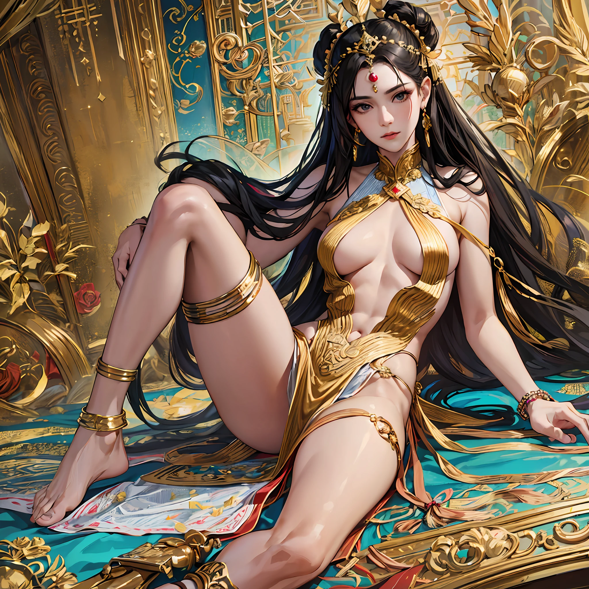 Best quality, masterpiece, super high resolution, (realistic: 1.4)1 royal sister, long hair, black hair, beautiful_face, detailed skin, full body, extended legs, golden anklet, full nude, nezha, earrings --auto --s2