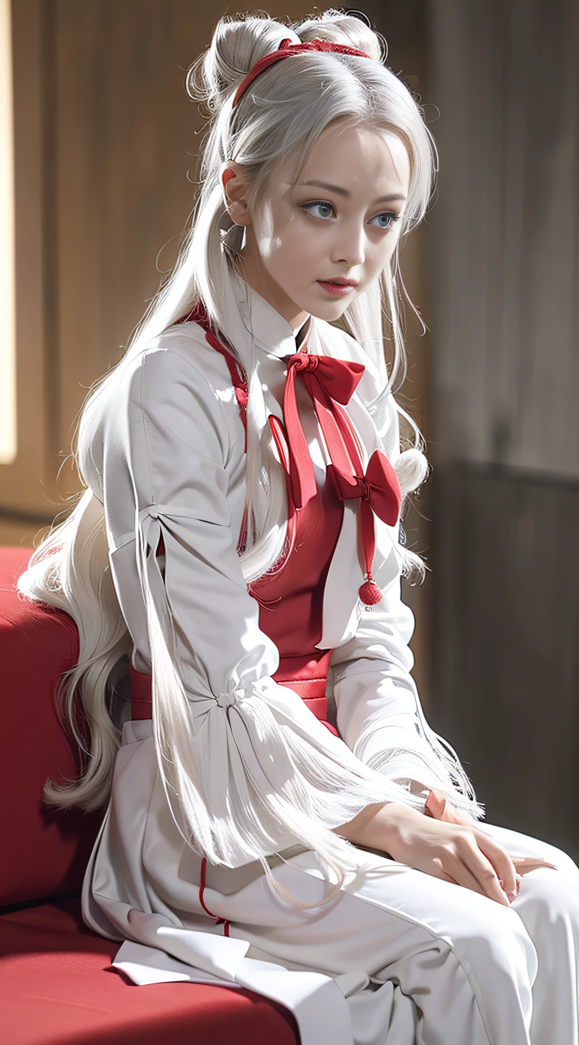 1 girl, white hair, hanfu, sitting on sofa, gray wall, close-up, (best quality: 1.4), ((masterpiece)), ((realistic)), (detailed), (realistic: 1.4), long hair, bun, bun, brush, pen, hanfu, hanfu, hand hidden sleeve, bow tie, coat, headband, zodiac sign, wide sleeves, red bow tie, tassels, animal prints, red ribbon, animals,