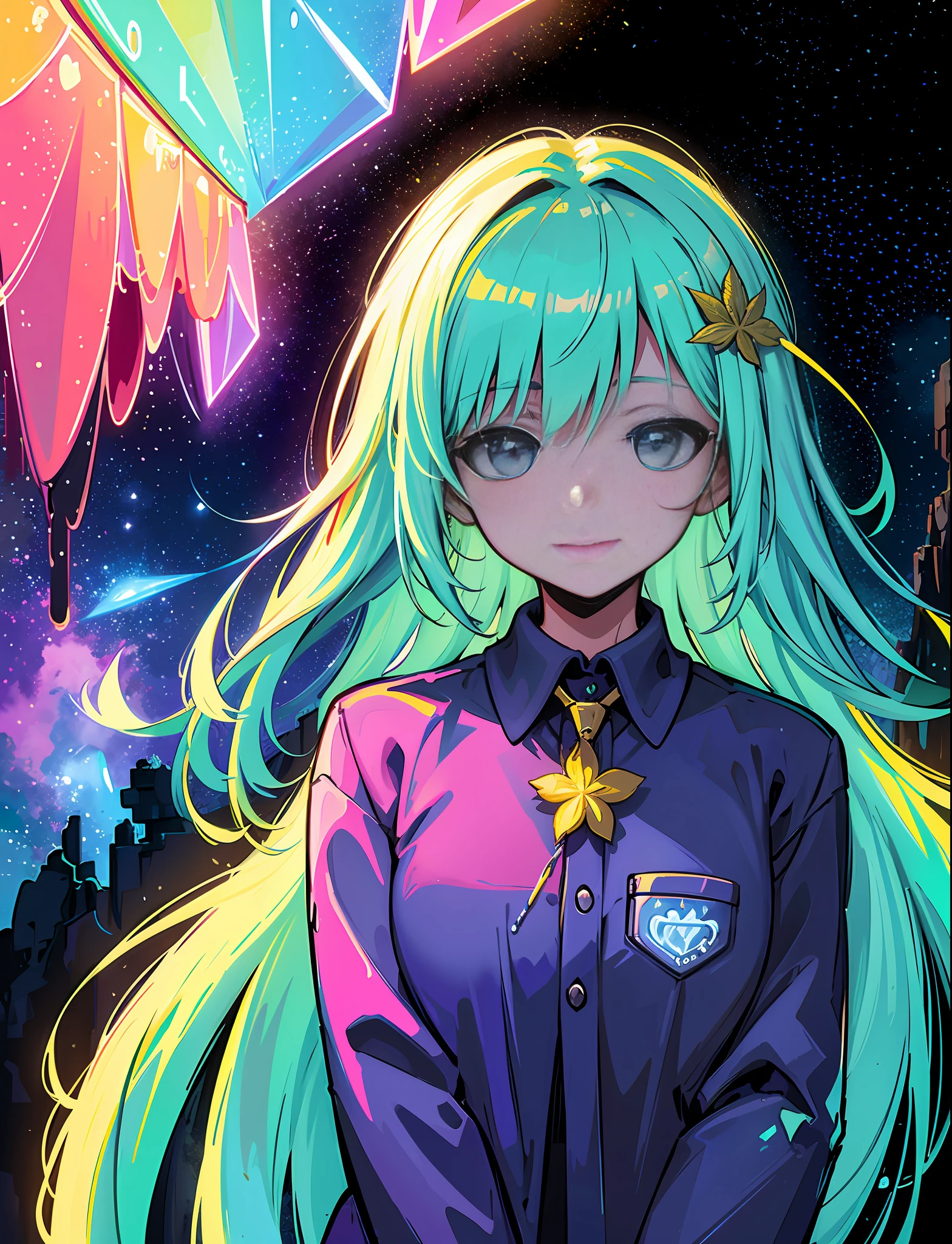 A steep chic train on a wet road. ,neon lights, neon galaxies, huge crystal moon, starry sky,,happy, peaceful, , in love Hemp, leaf,marijuana,cannabis,((illustration)), colorful, wallpaper, energy, secret, magical environment, omniscience, prediction of the future, understanding the past, frost magic, --v 6