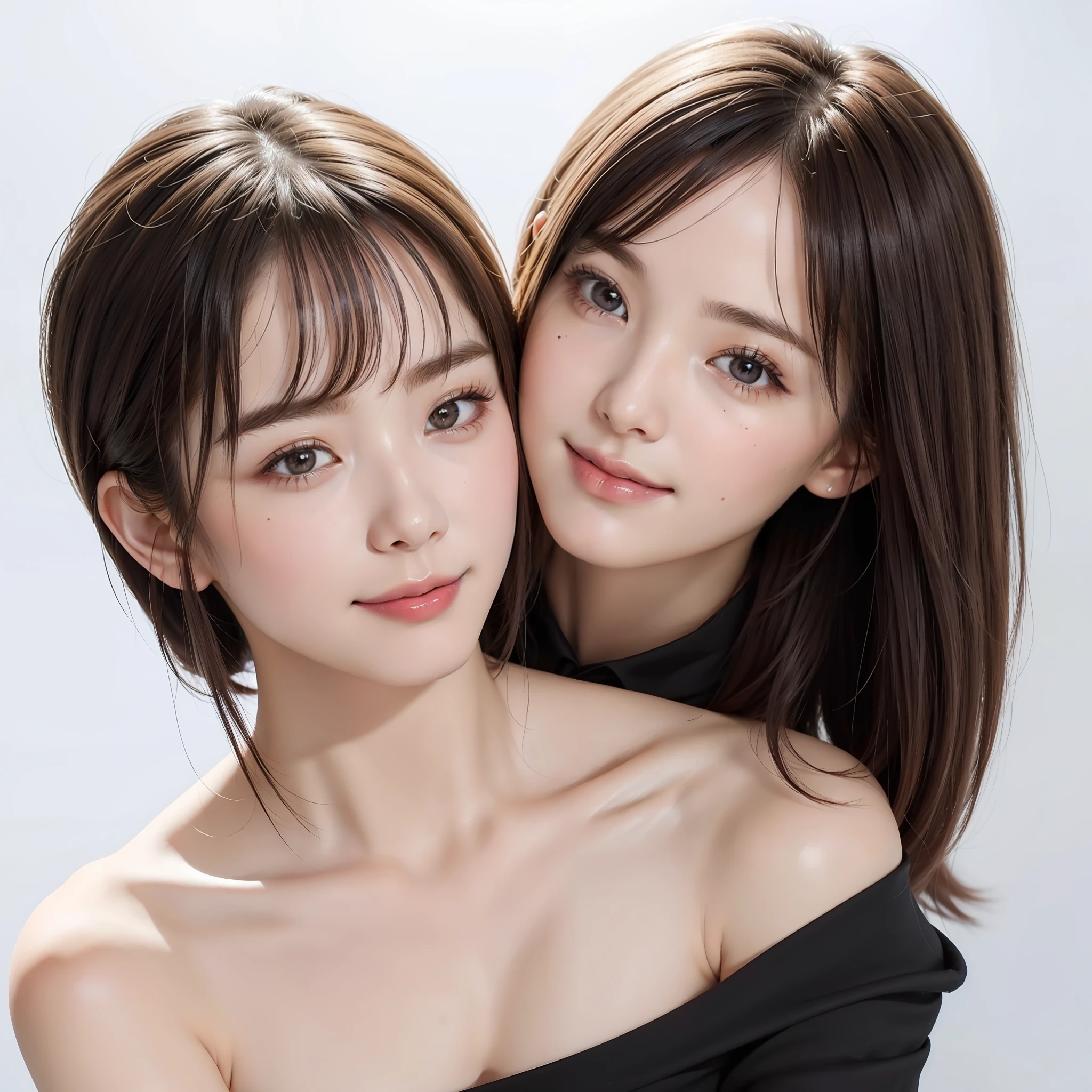 ((masterpiece, top quality, high definition)), 1 girl, (photorealistic: 1.4), ((FROM ABOVE,OVERHEAD SHOT,UPPER BODY,close up face)), solo, white background, snow-white background, mouth closed, happy smile, happy smile, happy smile, pretty black hair, short hair, big eyes, clear double eyelids, eyelashes, ears out, Long neck, long neck, absolute area, (draw all head, shoulders), 19 years old, attractive proportions, glossy skin, clean collarbones, very fine hands, very fine arms, very fine body, golden ratio face, perfect face, teary mole, mole on chest, bangs, clean bangs, lip gloss, thin lips, pale skin, big breasts, big, breasts with arms, small face, gaze staring at the camera, Attractive proportions, face close-up