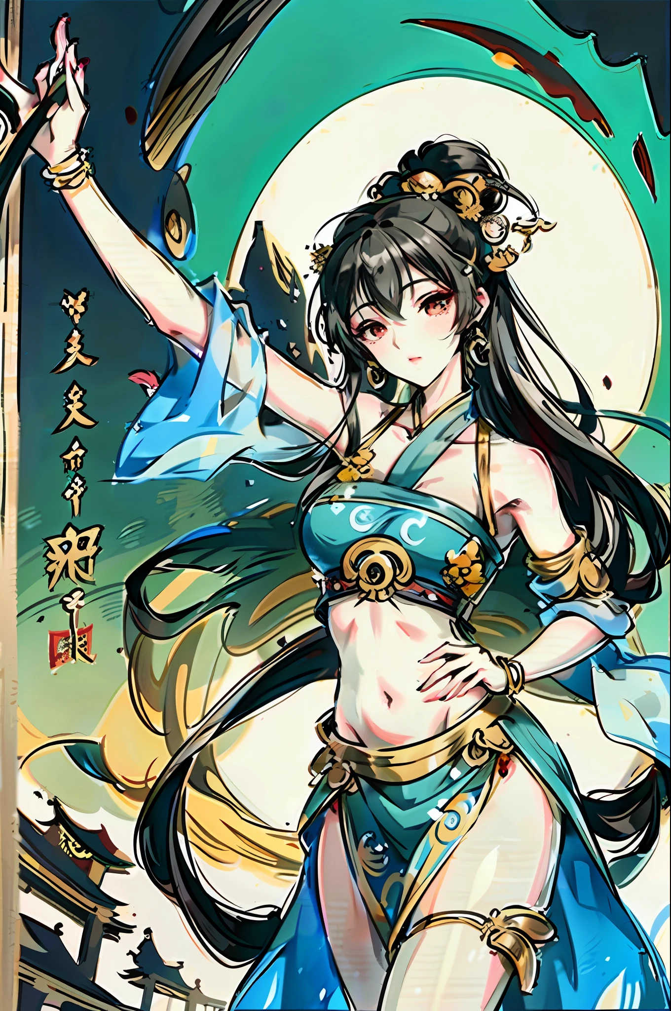 Woman in belly dance costume, ancient Chinese Dunhuang dancer Luo Shenfu Bodhisattva Dunhuang mural dancing with pipa gorgeous ancient Chinese Dunhuang costume flowing silk navel off-the-shoulder hairpin hairpin bracelet anklet waist chain Dunhuang flying immortal mural, full color illustration,
