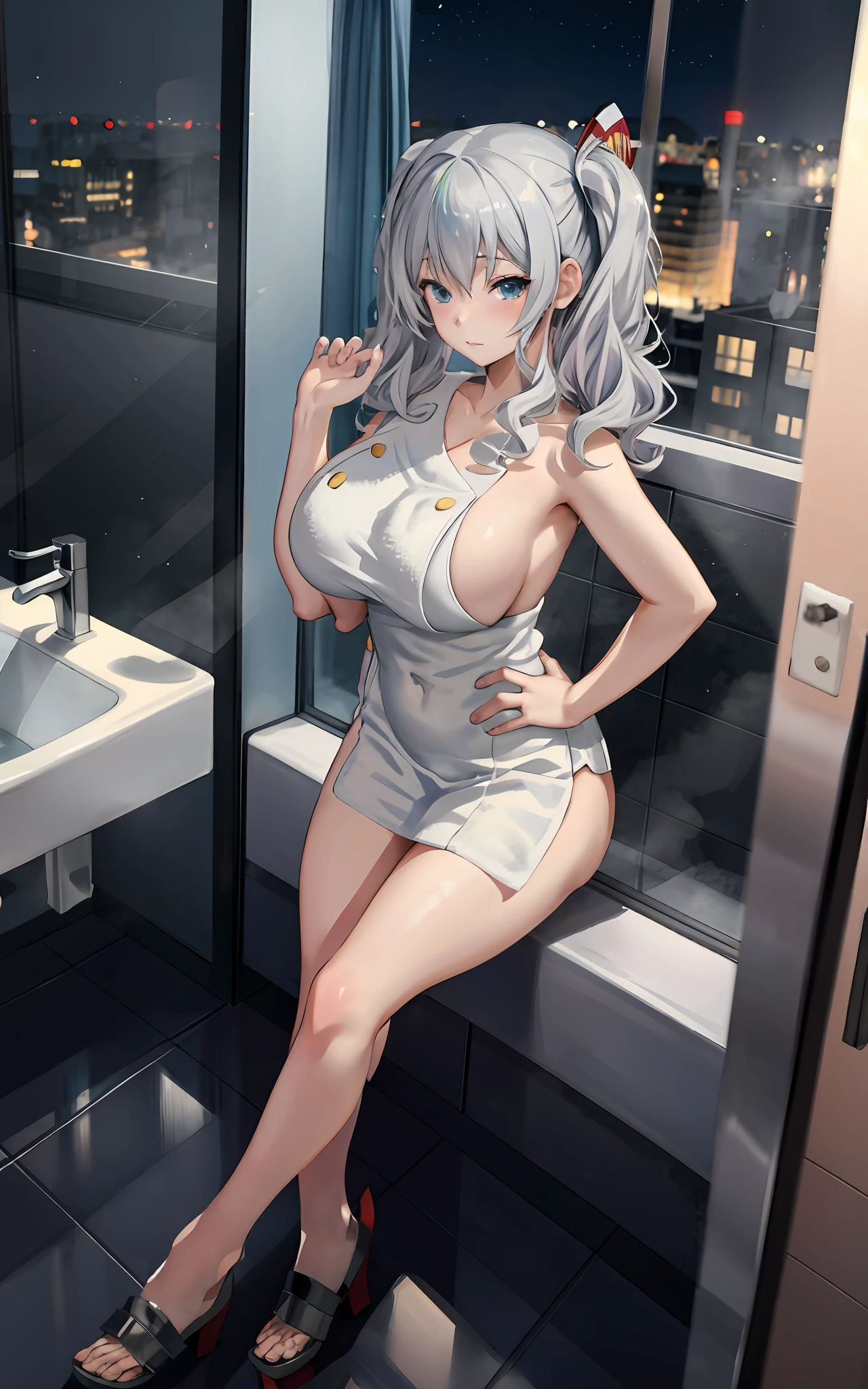 ((anime girl with big breast posing in front of a bathroom window in hotel)), (((night view))), ((twintail)), (((wearing bath towel))), seductive anime girl, best anime 4k konachan wallpaper, perfect white haired girl, attractive anime girl, 4k anime wallpaper, 4 k manga wallpaper, oppai, detailed digital anime art, anime best girl, beautiful anime girl, detailed anime artwork, beautiful alluring anime woman