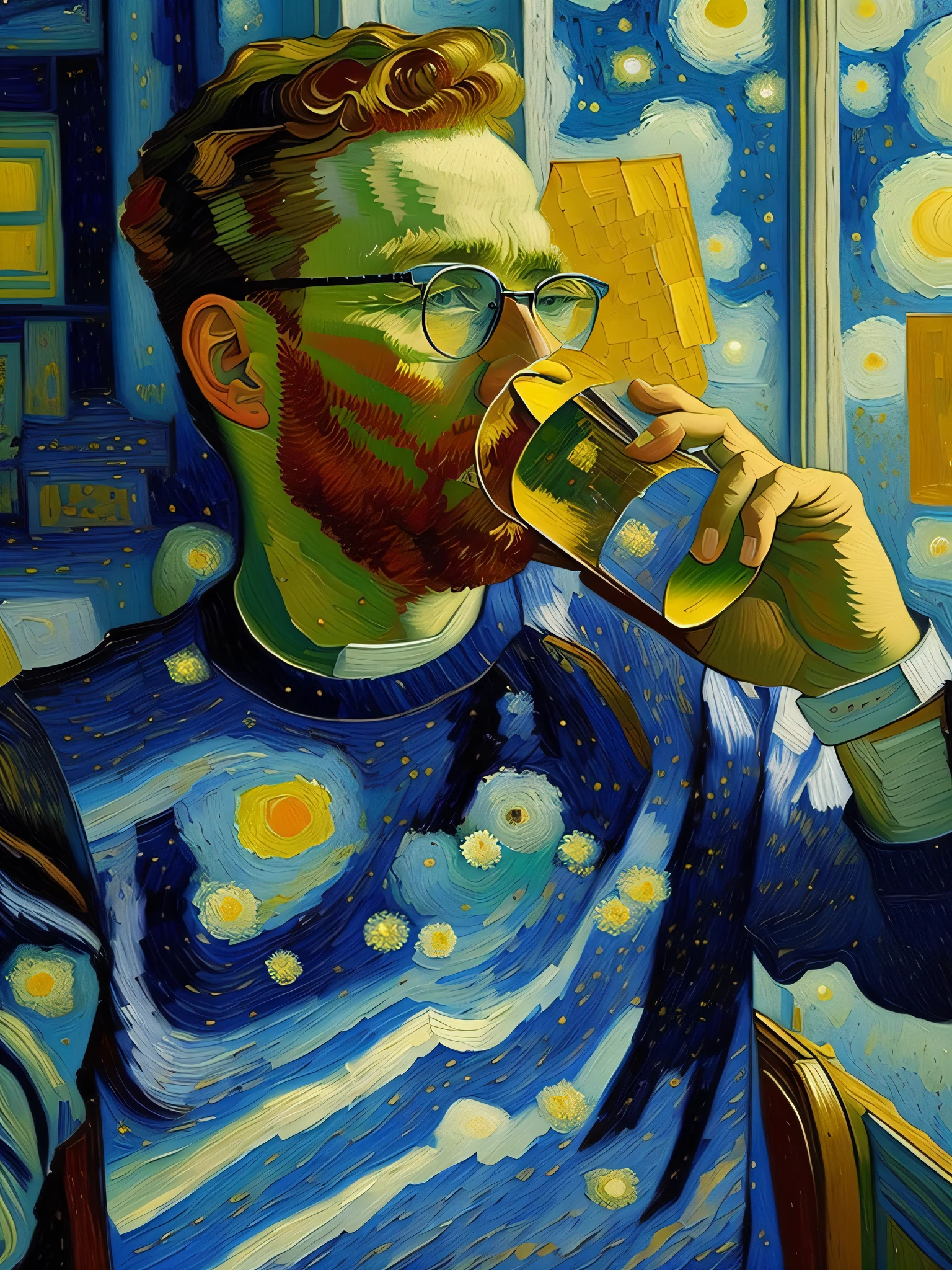 ( Gorgeous Van Gogh style, masterpiece level, highest picture quality, super detail, oil painting full of art ) Man, wearing glasses, sitting alone, staring out the window, deep in the future.