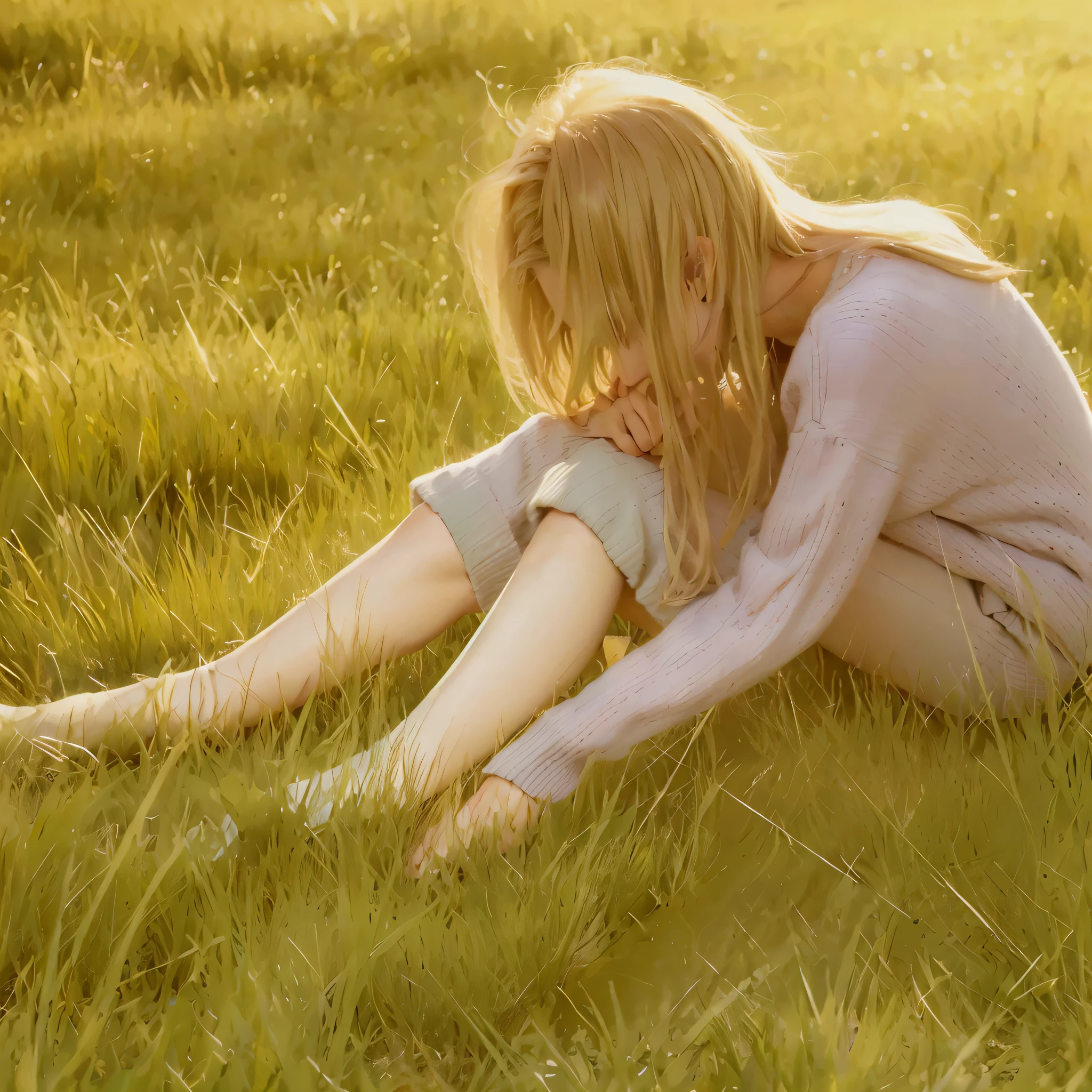 ((Best Quality, 8K, Masterpiece: 1.3)), Sharp: 1.2, Perfect Body Beauty: 1.4, Slim Abs: 1.2, ((Layered Hairstyle: 1.2)), (Sweater: 1.1), Seated Beauty, Jeans, Sitting on the Grass, Not Looking at the Camera, Long Blonde Hair, Lush Grass, Sweater Textured, No Face