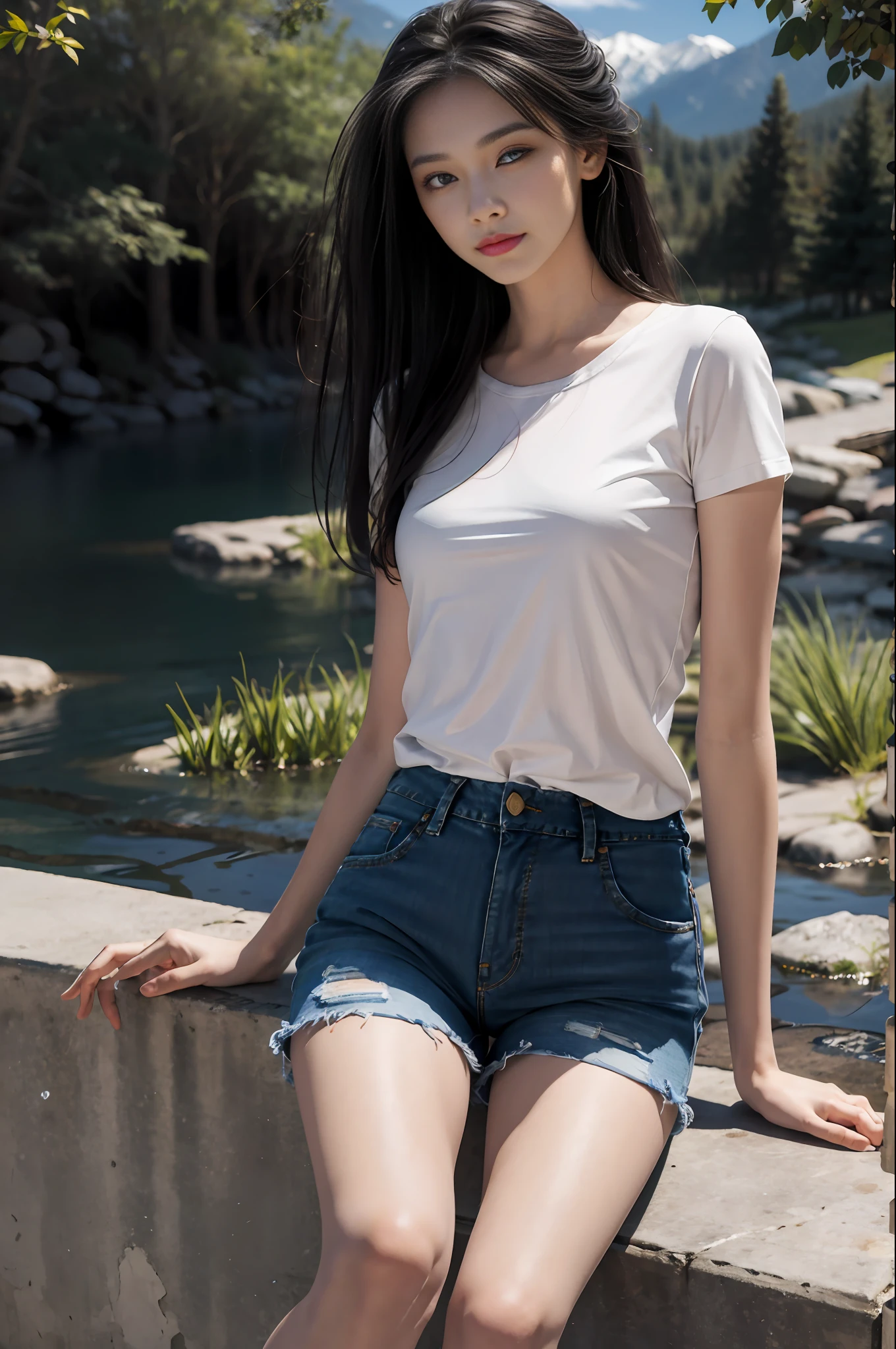 Best quality, masterpiece, super high resolution, (realistic: 1.4), original photo, (evening street), 1 girl, black eyes, fine eyes, double eyelids, long legs, long hair, light makeup, lips, small ears, light T-shirt, denim shorts, beauty in perfect shape: 1.4, (outdoor, seaside: 1.1), mountains and water, trees, medium view