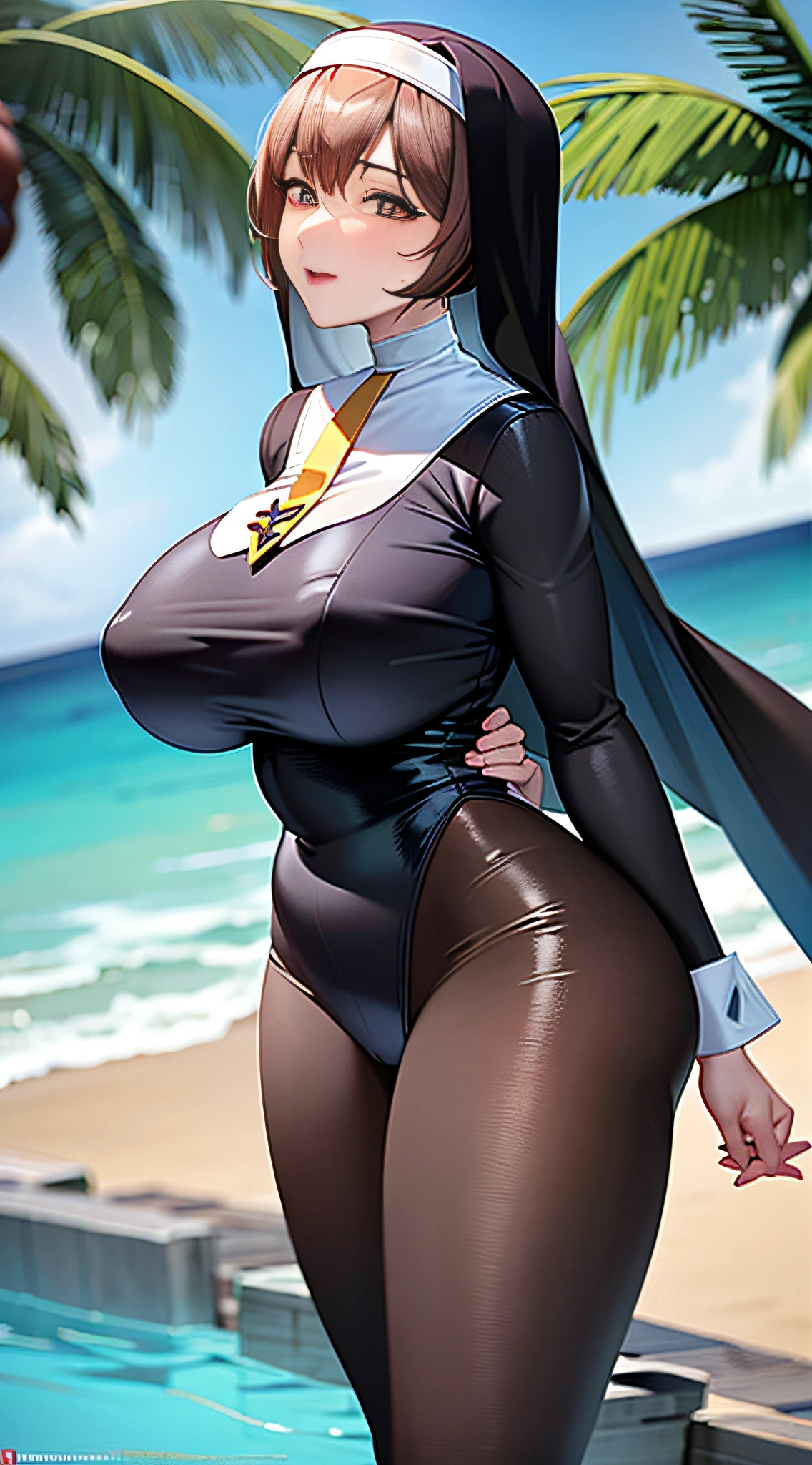 The upper body is naked, big, huge, big areolas, exposed, very cute, woman in swimsuit, animated image of nun woman at the water's edge, cute sexirobat, [4K digital art]!, 3DCG, high resolution commission, huge tess art, detailed digital anime art drawn in high resolution,