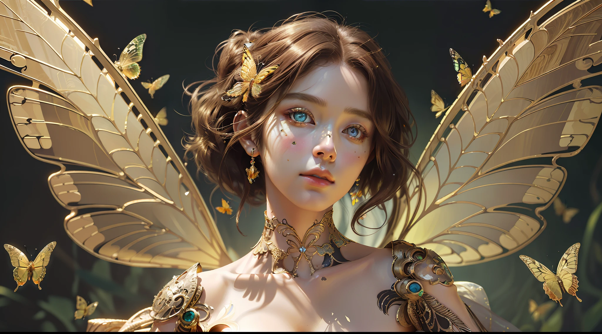8k Portrait of a Beautiful Cyborg with Brown Hair, Bust, Upper Body, Nudity, Nudity, Sexy, Intricate, Elegant, Highly Detailed, Majestic, Digital Photography, Surrealist Painting Golden Butterfly Filigree, Broken Glass, (Masterpiece, Side Light, Delicate Beautiful Eyes: 1.2 ), Human Development Report,
