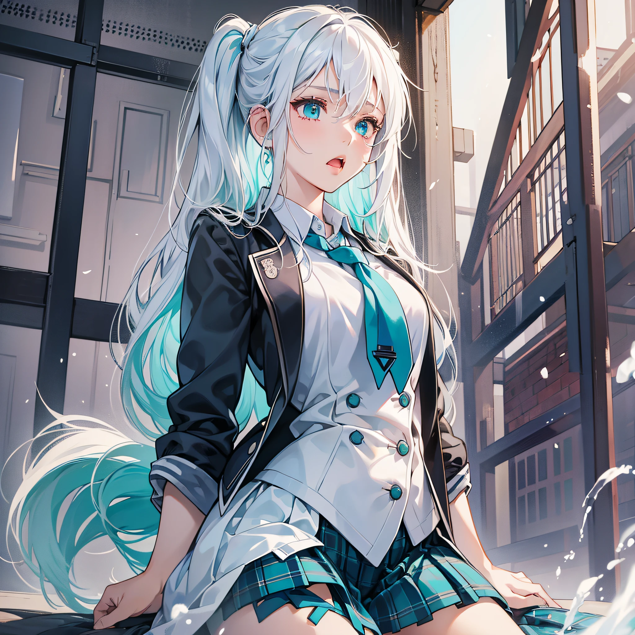 young girl, school uniform, white hair, double tail, aqua eyes, moaning, saliva marks, best quality, anatomically correct, high resolution --auto --s2