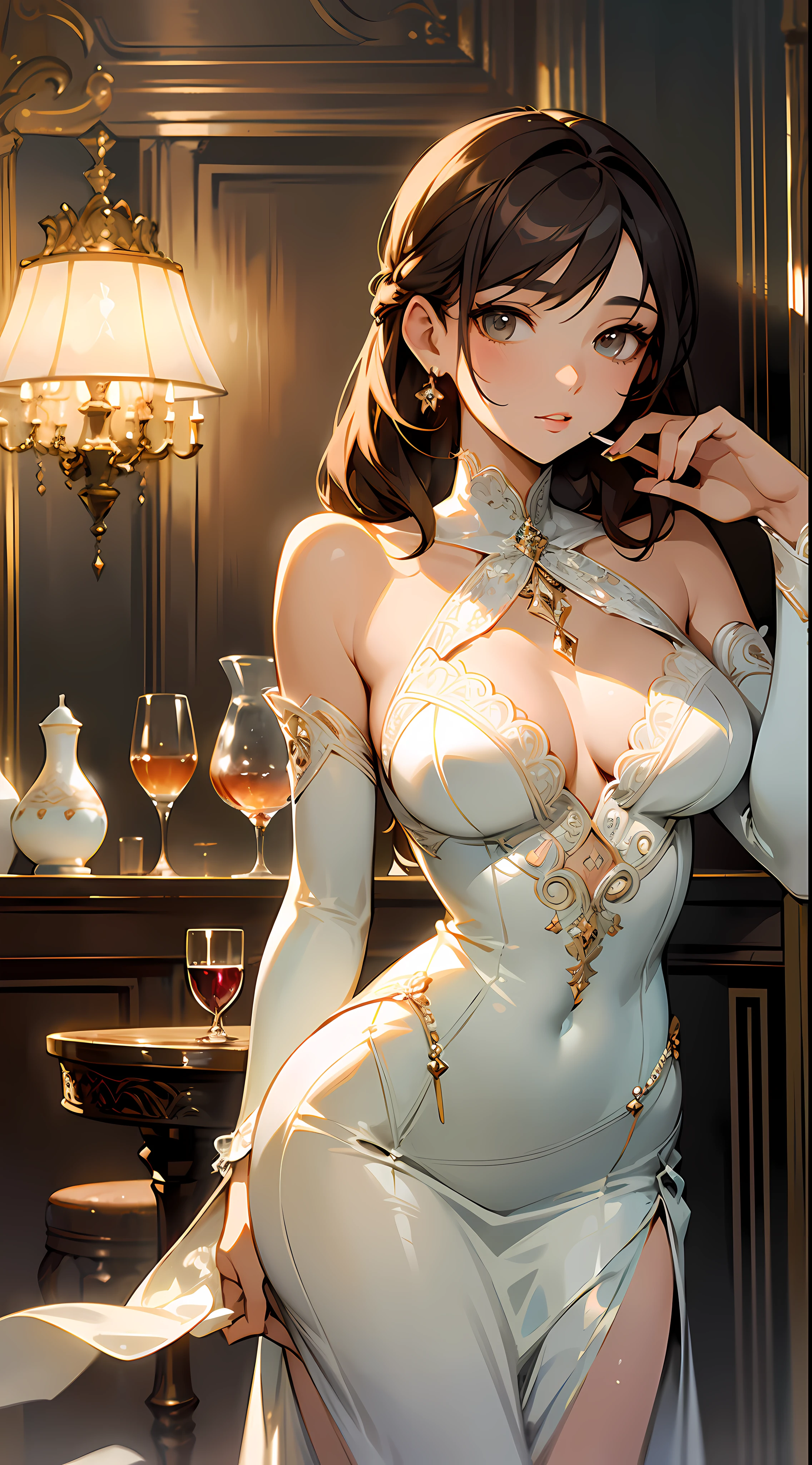 ((masterpiece,ultra-detailed, intricate details, best quality,illustration)),1girl, solo, brown hair, white dress, glass, restaurant, night, indoor, luxury, elegant, sophisticated, classy, fashionable, chic, attractive, charming, gorgeous, stunning, charming, cute, charming, charming, beautiful, delicate face, beautiful and delicate eyes, soft expression, full lips, slender body, curvy, hourglass body, medium bust, slender arms, graceful hands, slender fingers, delicate wrists, elegant neck, bare shoulders, smooth skin, slender waist, flowing skirt, intricate lace pattern, translucent fabric , high slit, long skirt, elegant heels, intricate design, white color scheme, subtle shadows, dim lighting, warm colors, wooden furniture, comfortable seats, smooth tables, crystal glassware, condensation on glass, wine, drinks, beverages, refreshing, fragrant, sparkling, crisp, effervescent, mouthwatering, fresh atmosphere, relaxation, peace, serenity, serenity, soothing, cozy atmosphere, complex background music, live jazz performance, subtle sounds, soft murmur, Environmental noise, artistic composition, visual impact, harmonious color scheme, balanced composition, professional execution
