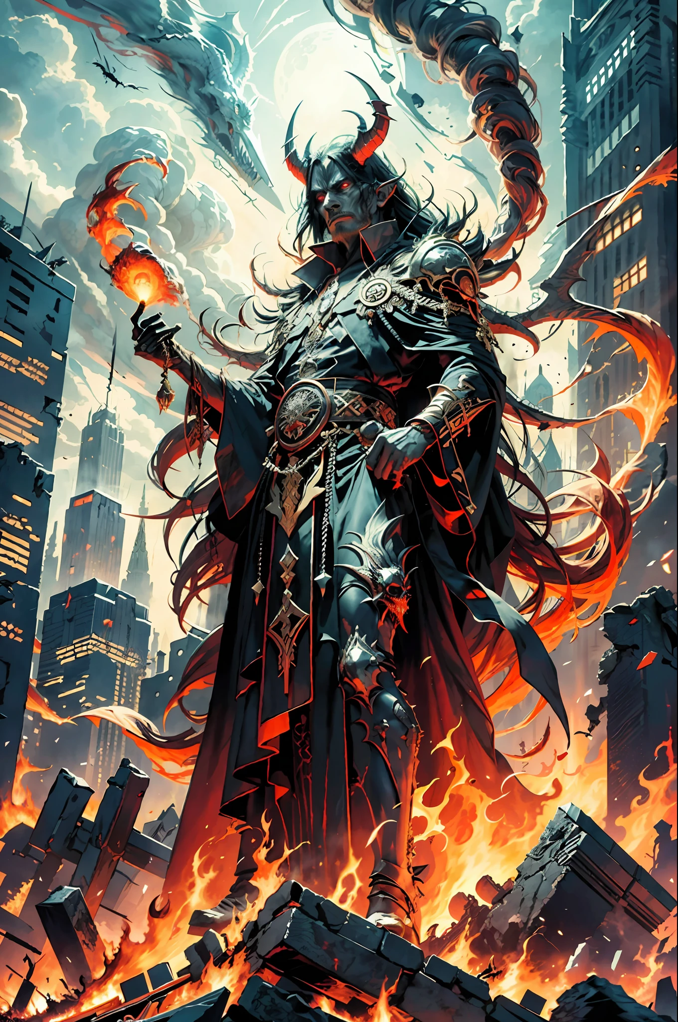 Grand Asmodeus, a towering figure draped in regal black robes embellished with gold embroidery, stands among the ruins of a city, flanked by fire and smoke rising from burning buildings. The air is thick with the stench of ashes and destruction as horrified onlookers cower in fear. The mood is dark and ominous, evoking a sense of impending doom. The atmosphere is heavy and oppressive, with a palpable tension that hangs in the air. A red aura radiates from Asmodeus, casting a sinister glow on his features, emphasizing his menacing presence amidst the chaos and lustful carnage