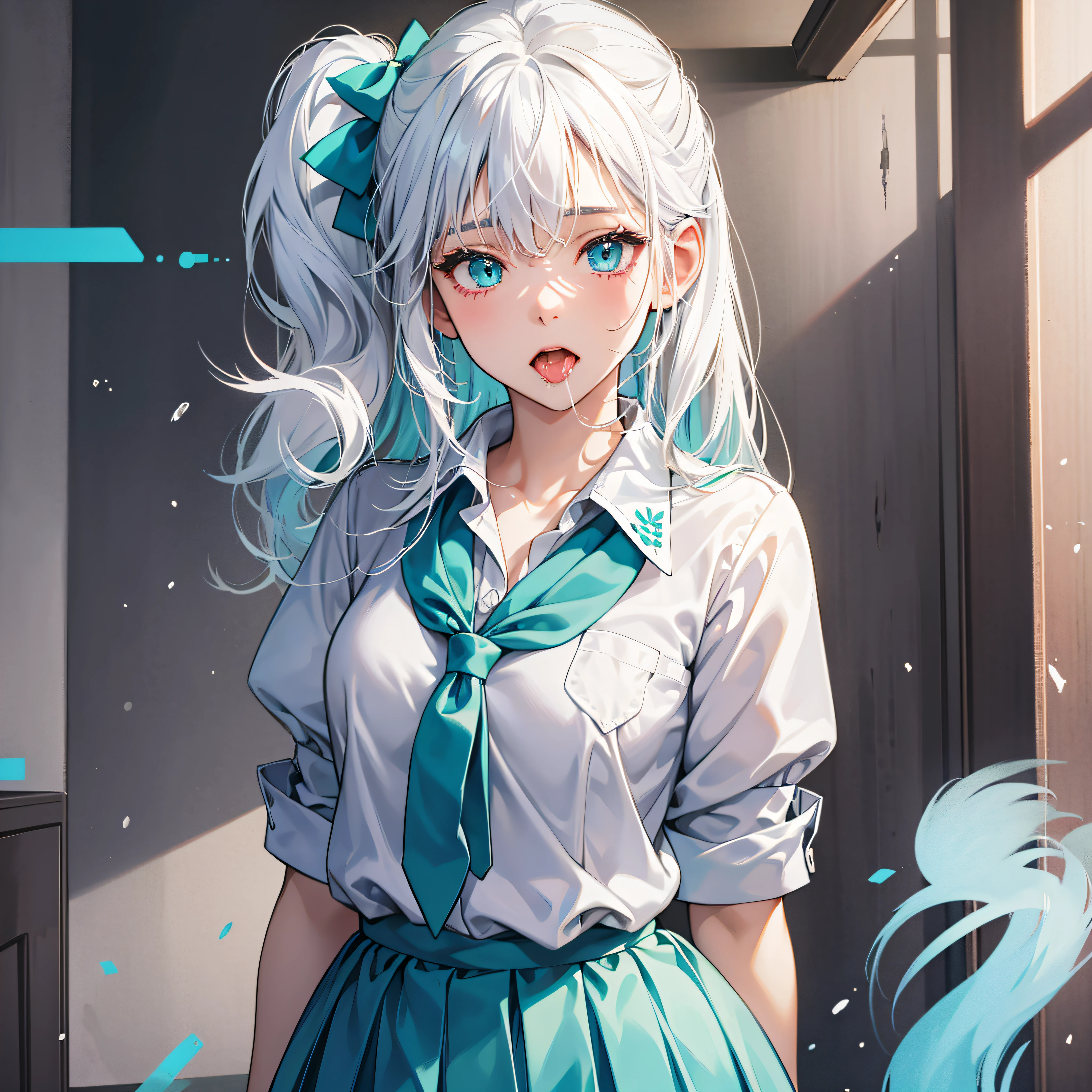 young girl, school uniform, white hair, double tail, aqua eyes, moaning, saliva marks, best quality, anatomically correct, high resolution --auto --s2