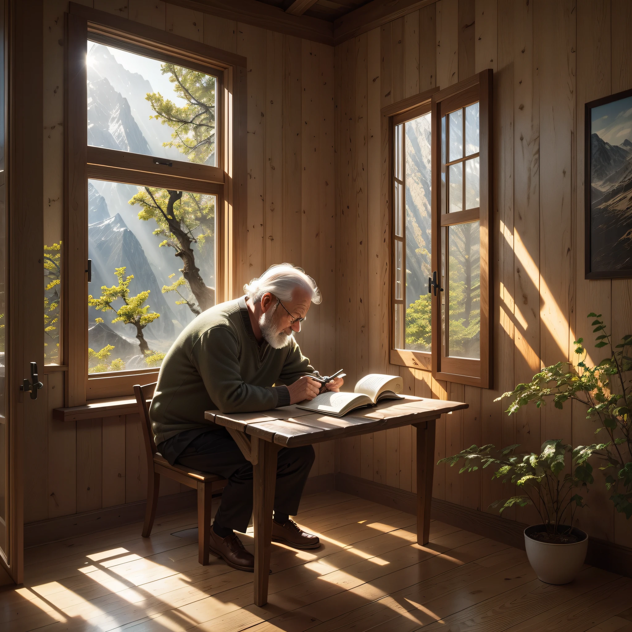 In a tranquil mountain hut, sunlight shines through the sparse foliage on the wooden floor to create mottled spots. The room was quiet and warm, and a middle-aged man sat at a table by the window, holding an old book of prose poetry.