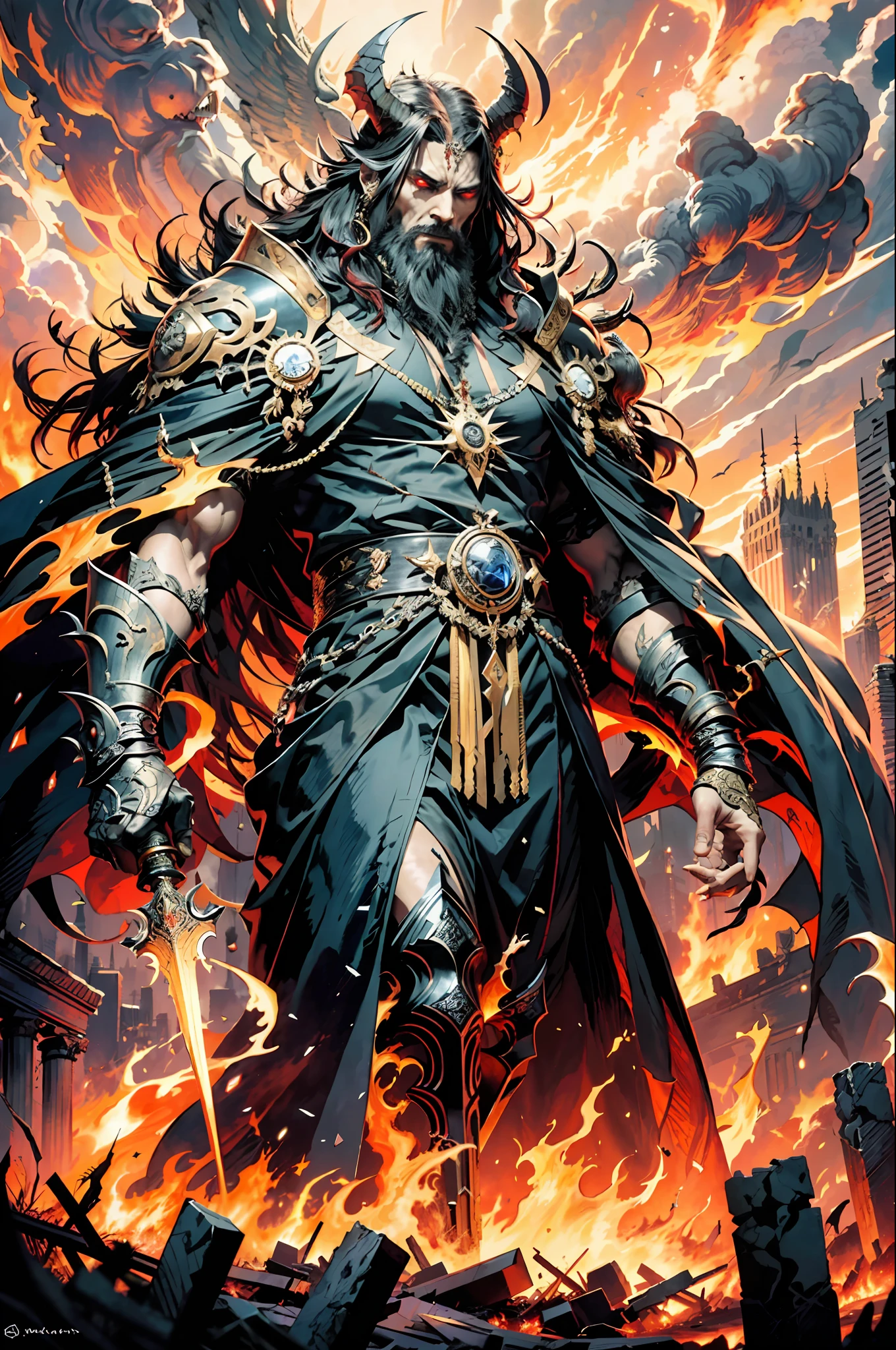 Grand Asmodeus, a towering figure draped in regal black robes embellished with gold embroidery, stands among the ruins of a city, flanked by fire and smoke rising from burning buildings. The air is thick with the stench of ashes and destruction as horrified onlookers cower in fear. The mood is dark and ominous, evoking a sense of impending doom. The atmosphere is heavy and oppressive, with a palpable tension that hangs in the air. A red aura radiates from Asmodeus, casting a sinister glow on his features, emphasizing his menacing presence amidst the chaos and lustful carnage