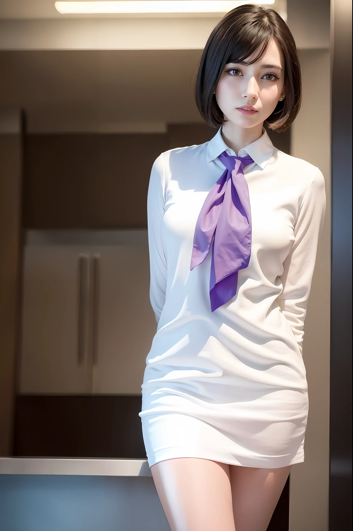 1girl, beautiful retro colors, instagram (realistic, high resolution: 1.4), ((puffy eyes)), looking at the viewer, full body (8k, RAW photo, best quality, masterpiece: 1.2), (realistic, photorealistic photo: 1.37), (sharp focus: 1.2), professional lighting, photon mapping, radiosity, physically based rendering, (pale skin: 1.2), (small breast: 1.2), looking at the audience, (medium hair: 1.5), portrait, Purple Eyes, (Silver: 1.1), Bangs, (Simple Background: 1.4), Solo, Full Body, Realistic, (Masterpiece: 1.4), (Maximum Quality: 1.4), (Brightened), Mage Sister, Makeup, Smile (Skinny, Shut Up, Shy: 1.3), (Standing, White Flight Attendant Uniform,: 1.1), Big Bust, Busty Astock, Sexy Pose,