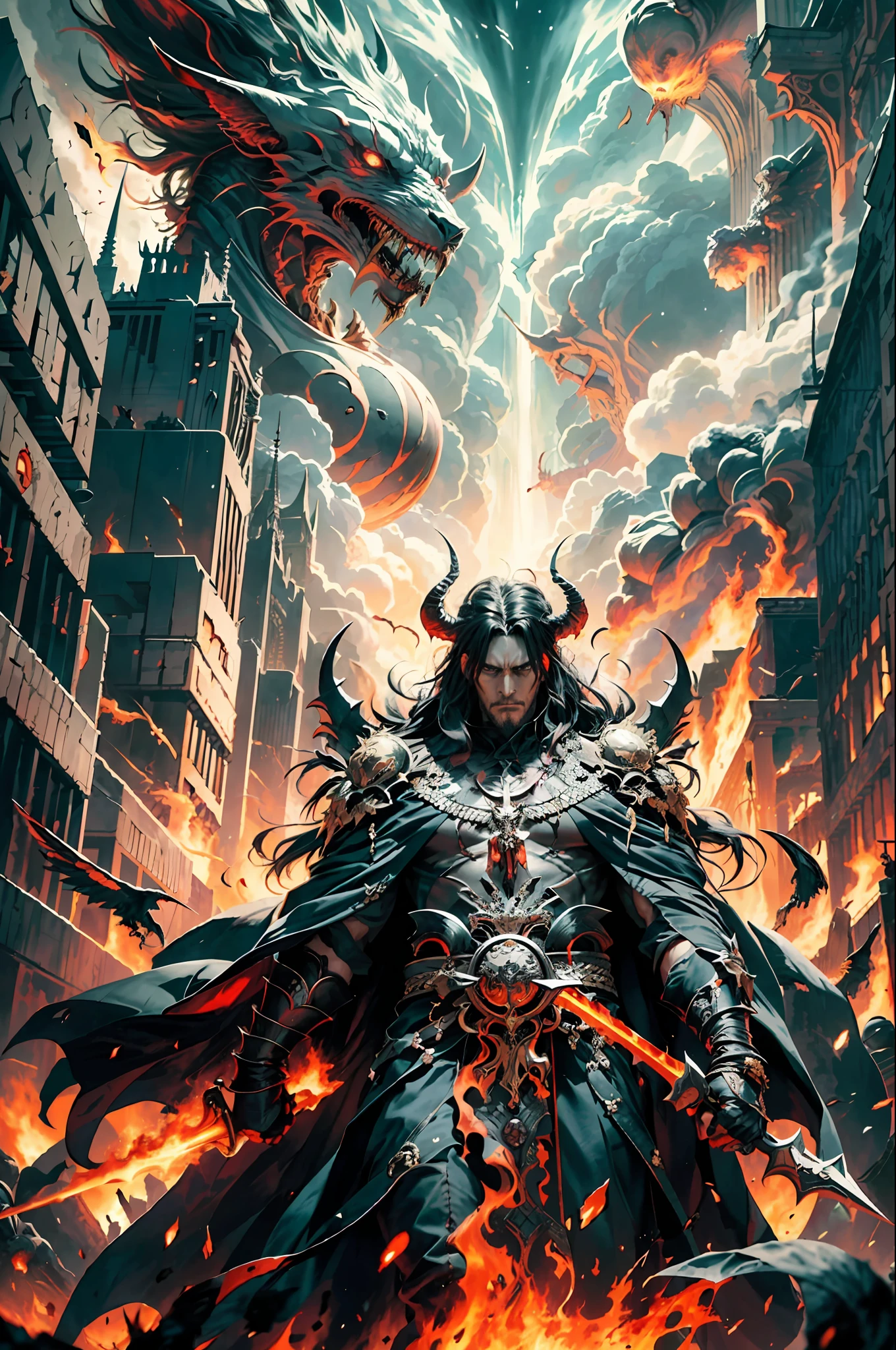 Grand Asmodeus, a towering figure draped in regal black robes embellished with gold embroidery, stands among the ruins of a city, flanked by fire and smoke rising from burning buildings. The air is thick with the stench of ashes and destruction as horrified onlookers cower in fear. The mood is dark and ominous, evoking a sense of impending doom. The atmosphere is heavy and oppressive, with a palpable tension that hangs in the air. A red aura radiates from Asmodeus, casting a sinister glow on his features, emphasizing his menacing presence amidst the chaos and lustful carnage