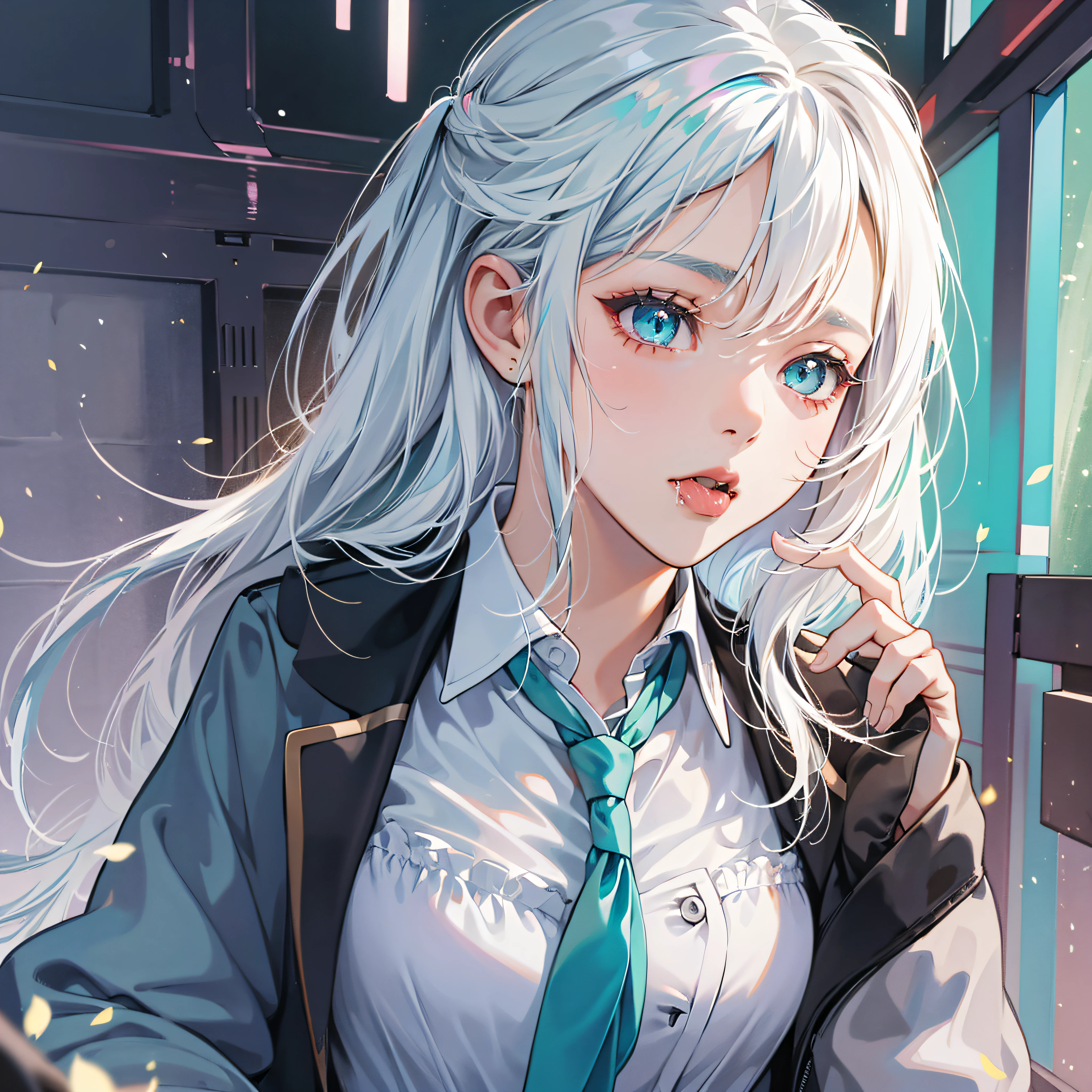young girl, school uniform, white hair, double tail, aqua eyes, moaning, saliva marks, best quality, anatomically correct, high resolution --auto --s2