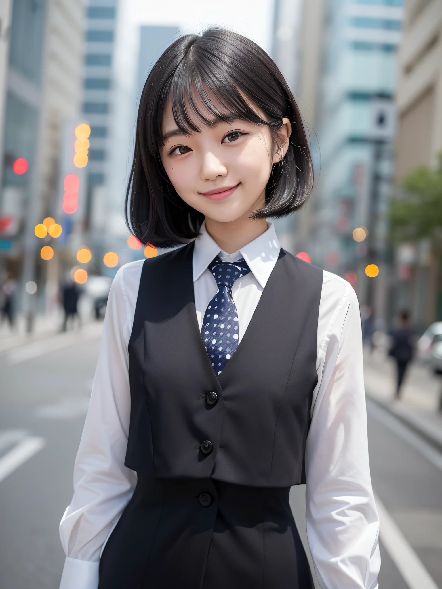 20-year-old Japan woman, straight black hair that touches her shoulders, smiling with teeth, neat, intelligent, (small breasts), black suit, (vest)), (dark blue white, small and many polka-dot ties)))), ((plain white shirt)), (Against the background of a busy city street)))