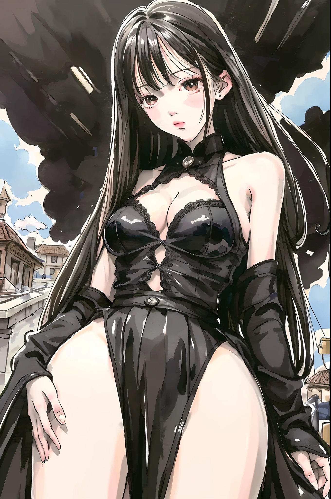 (Best quality, masterpiece: 1.2), super high resolution, 1 girl, JK miniskirt, big breasts, black silk, long legs.