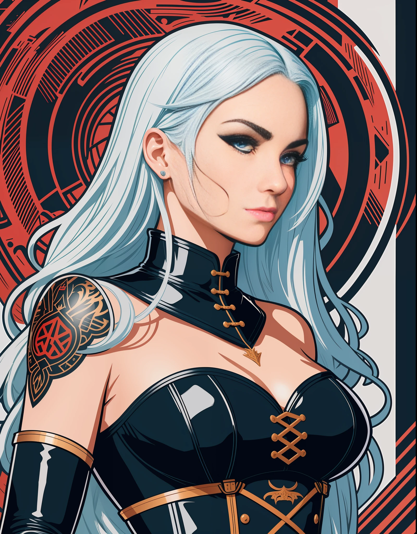 [BDSM,slave,black corset,bondage,collar,big] heraldic silhouette, logo masking style illustration, Dan Mumford, Greg Lutkowski, James Jean, white background, art, mysterious, realistic, majestic, rich vivid colors, high contrast, seamless water brand, art station, deviant art, Dribbling, Red Bubble, Tee Public, Sharp Focus, Simple, Hyper Detail, Detailed Drawing, Vectorization, Outline, Isometric Style, 8K.