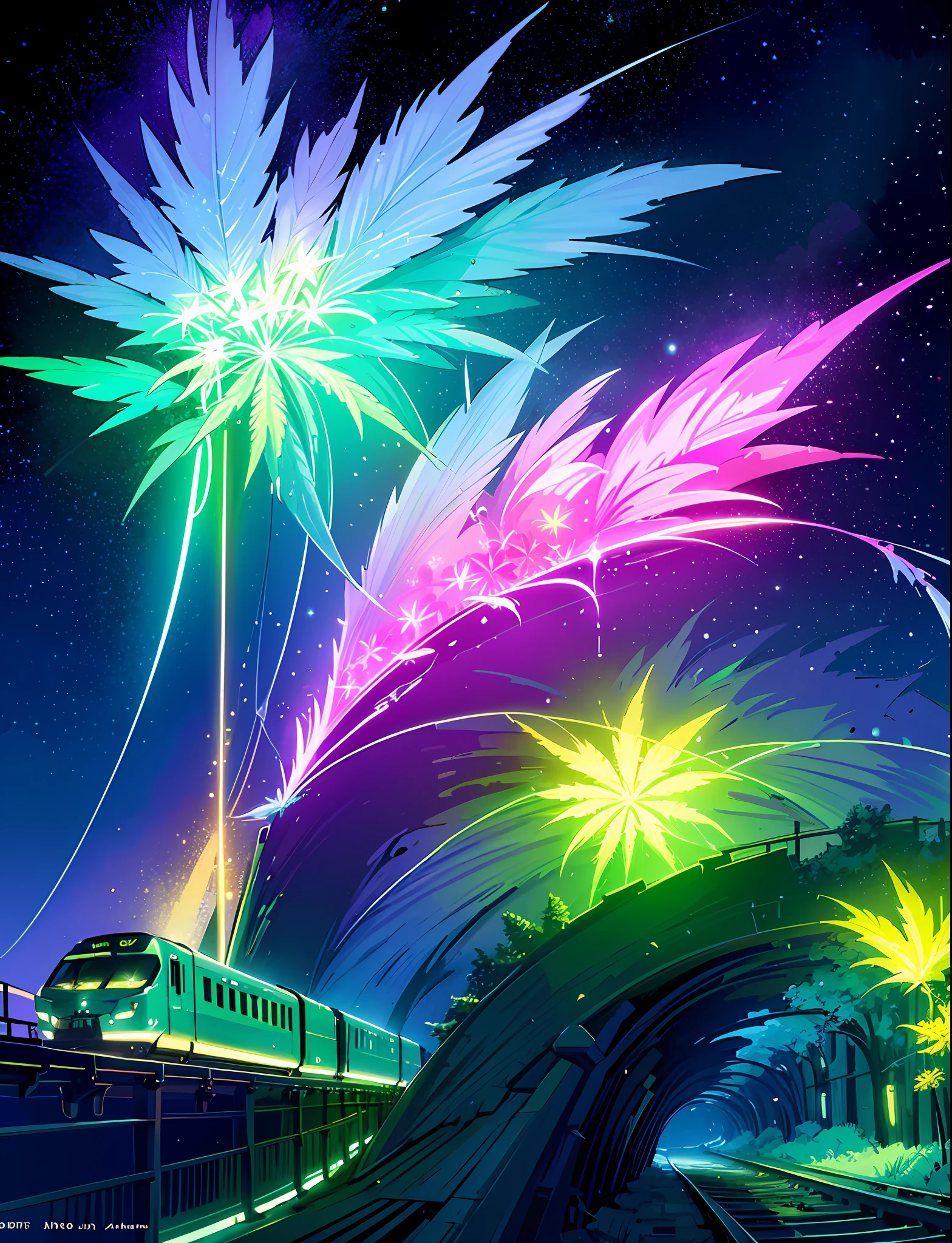 A steep chic train on a wet road. ,neon lights, neon galaxies, huge crystal moon, starry sky,,happy, peaceful, , in love Hemp, leaf,marijuana,cannabis,((illustration)), colorful, wallpaper, energy, secret,