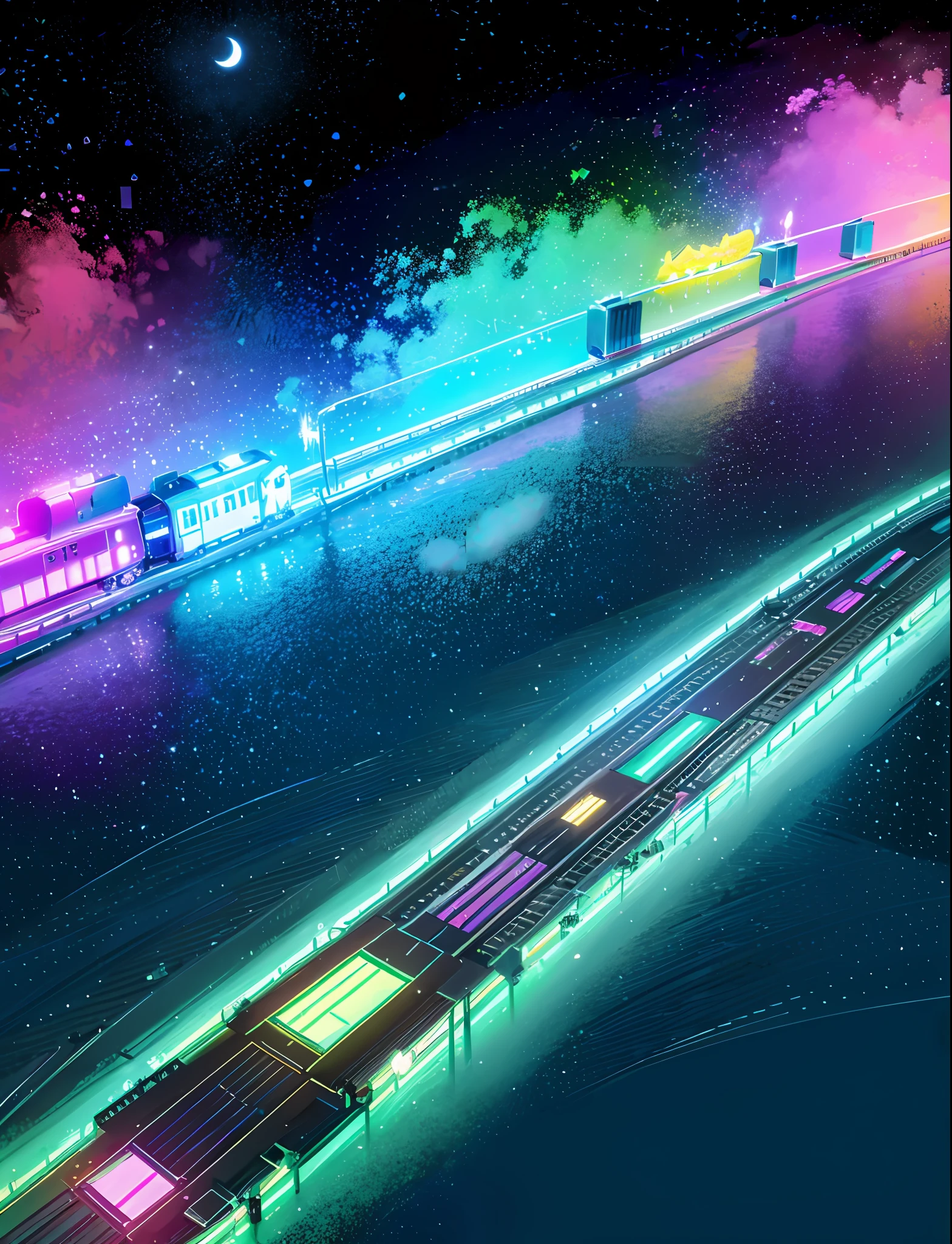 A steep chic train on a wet road. ,neon lights, neon galaxies, huge crystal moon, starry sky,,happy, peaceful, , in love Hemp, leaf,marijuana,cannabis,((illustration)), colorful, wallpaper, energy, secret,