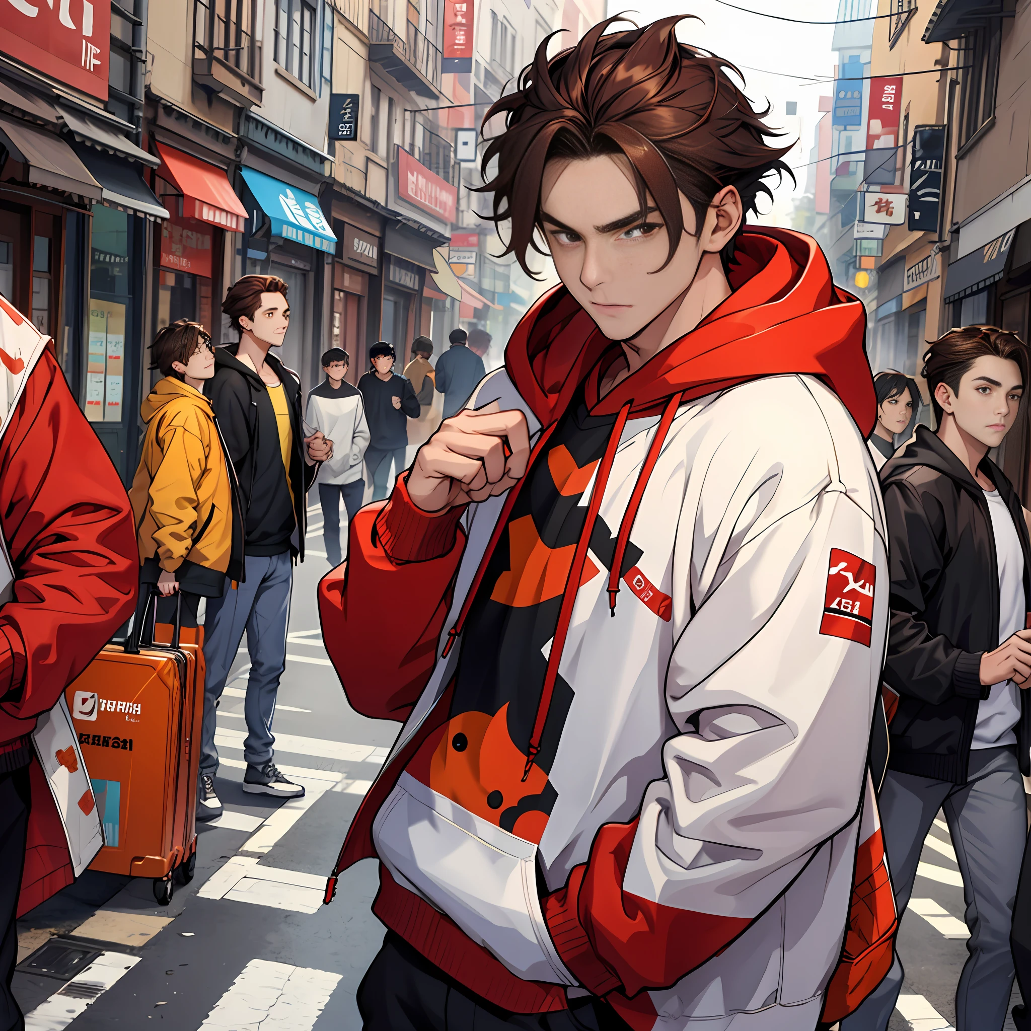 1 boy, handsome boy, brunette hair, comma hair, comma forehead hair, korean hair, street style, hoodie, bright, red eyes, looking at the system screen, upper body, run away,