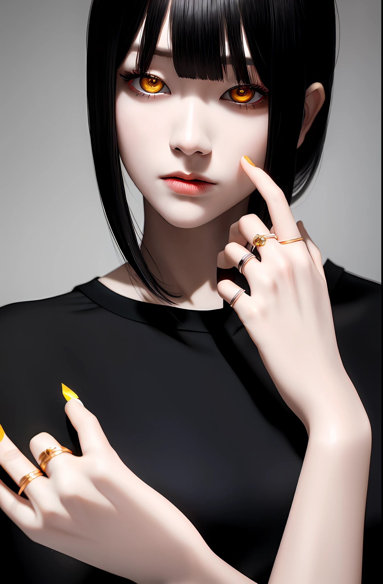 Masterpiece, (Photorealistic: 1.4), Top Quality, Beautiful Lighting, (ulzzang-6500:0.5), Makima \(Chainsaw Man\), (Bob Hair) + (Black Hair) + (Bangs), Yellow Eyes, Golden Eyes, (((Ring Eyes)), (Black Shirt), RAW Photography, 8k UHD, Film Grain