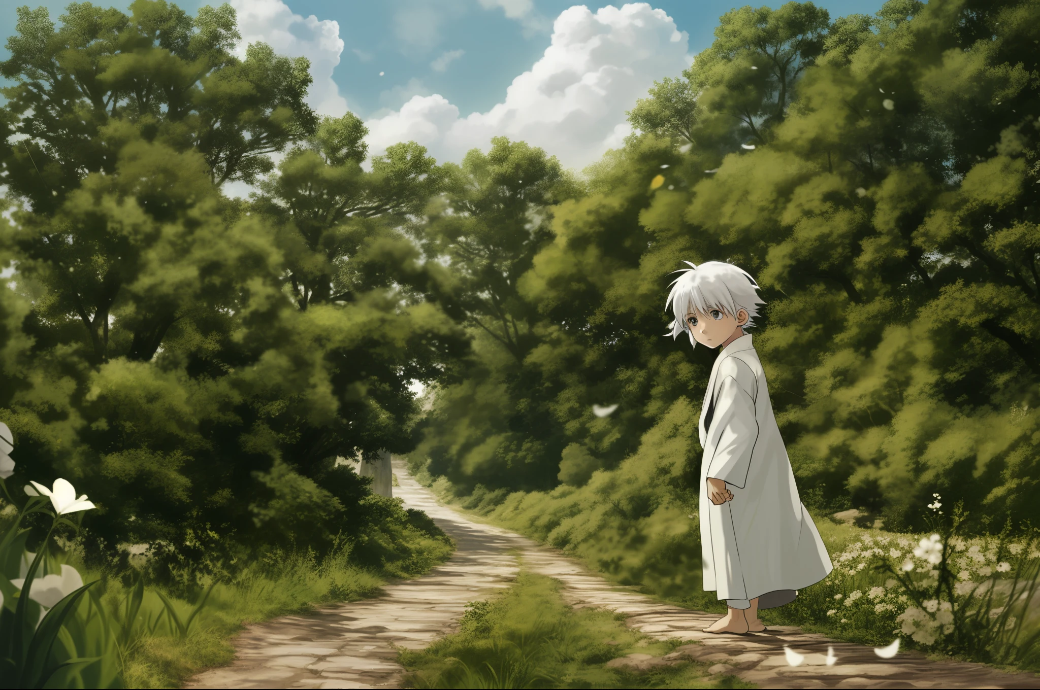 (Bright sunlight) White robes and barefoot white-haired little Shota in the countryside
