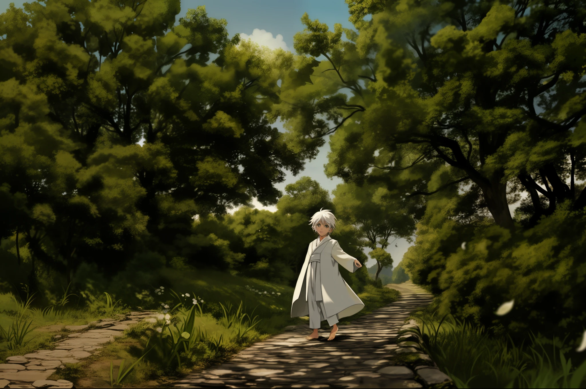 (Bright sunlight) White robes and barefoot white-haired little Shota in the countryside