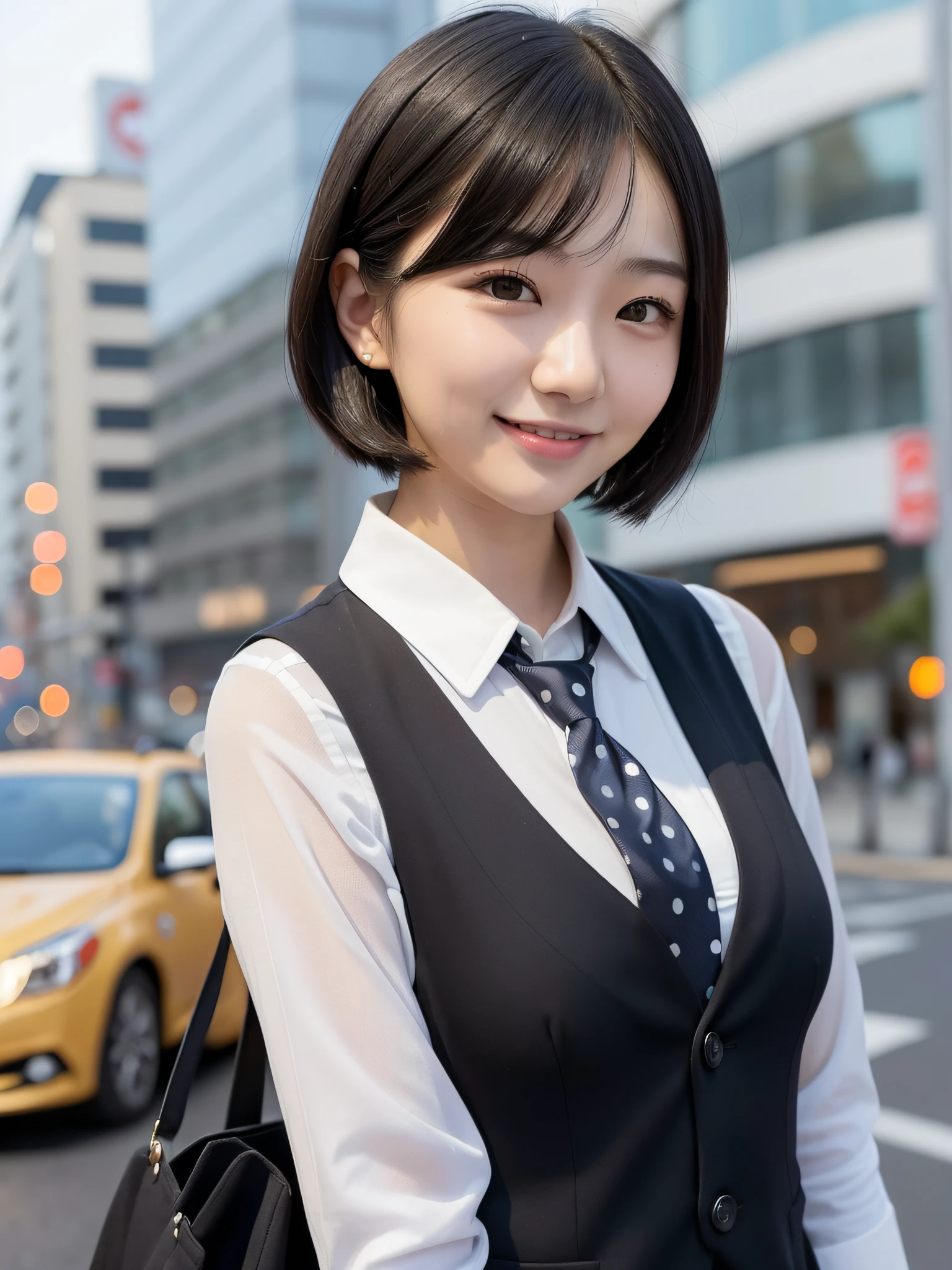 20-year-old Japan woman, straight black hair cut down to the shoulders, smiling with teeth showing, neat, intelligent, (small breasts), black suit, (black vest)), (Navy blue white, small and many polka-dot ties)))), ((plain white shirt)), (Against the backdrop of a busy city with car traffic))