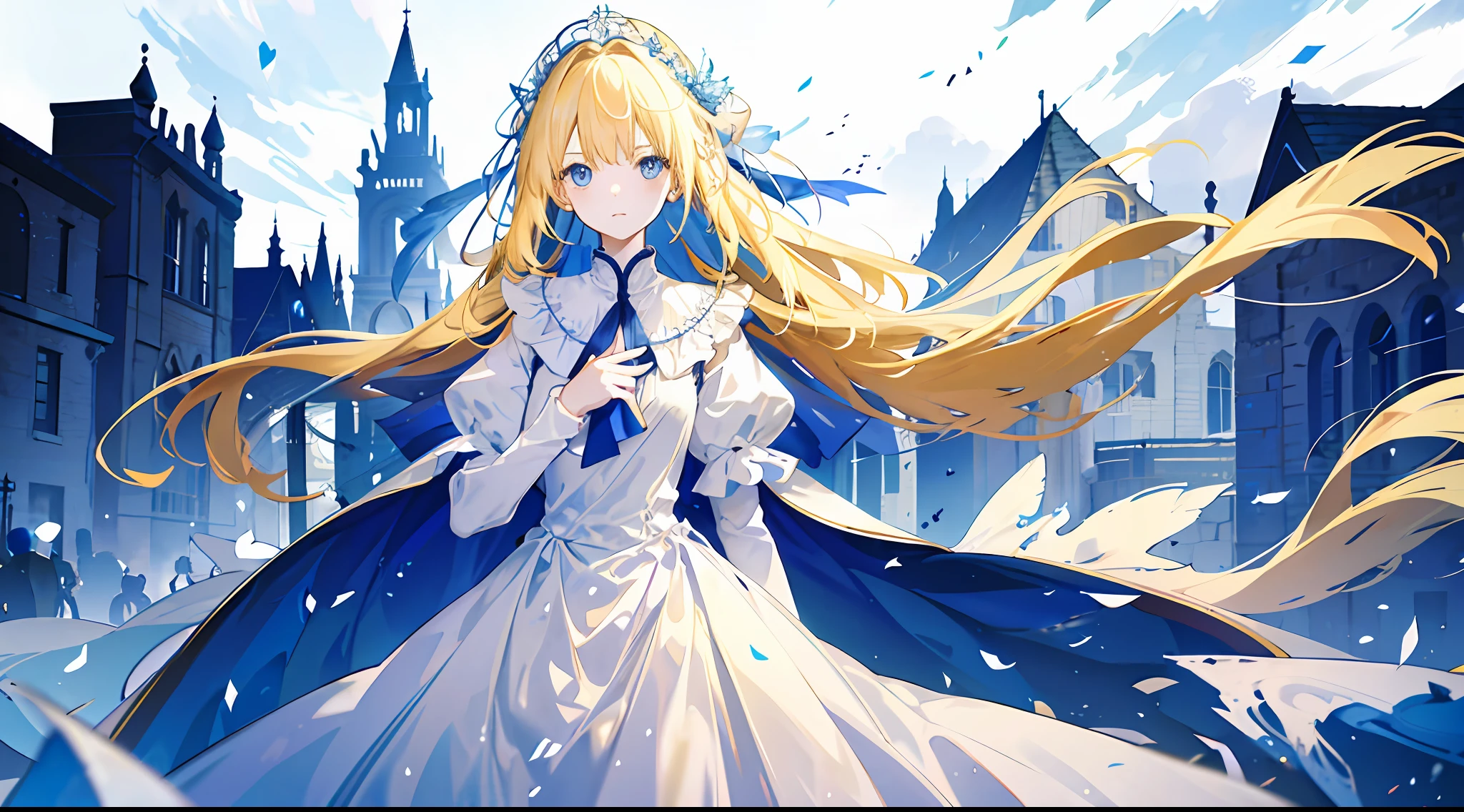 A , beautiful, otherworldly, elegant, full body, long blonde hair, simple dress, white and blue long dress, Western-style medieval town, square, crowd surrounded, gentle