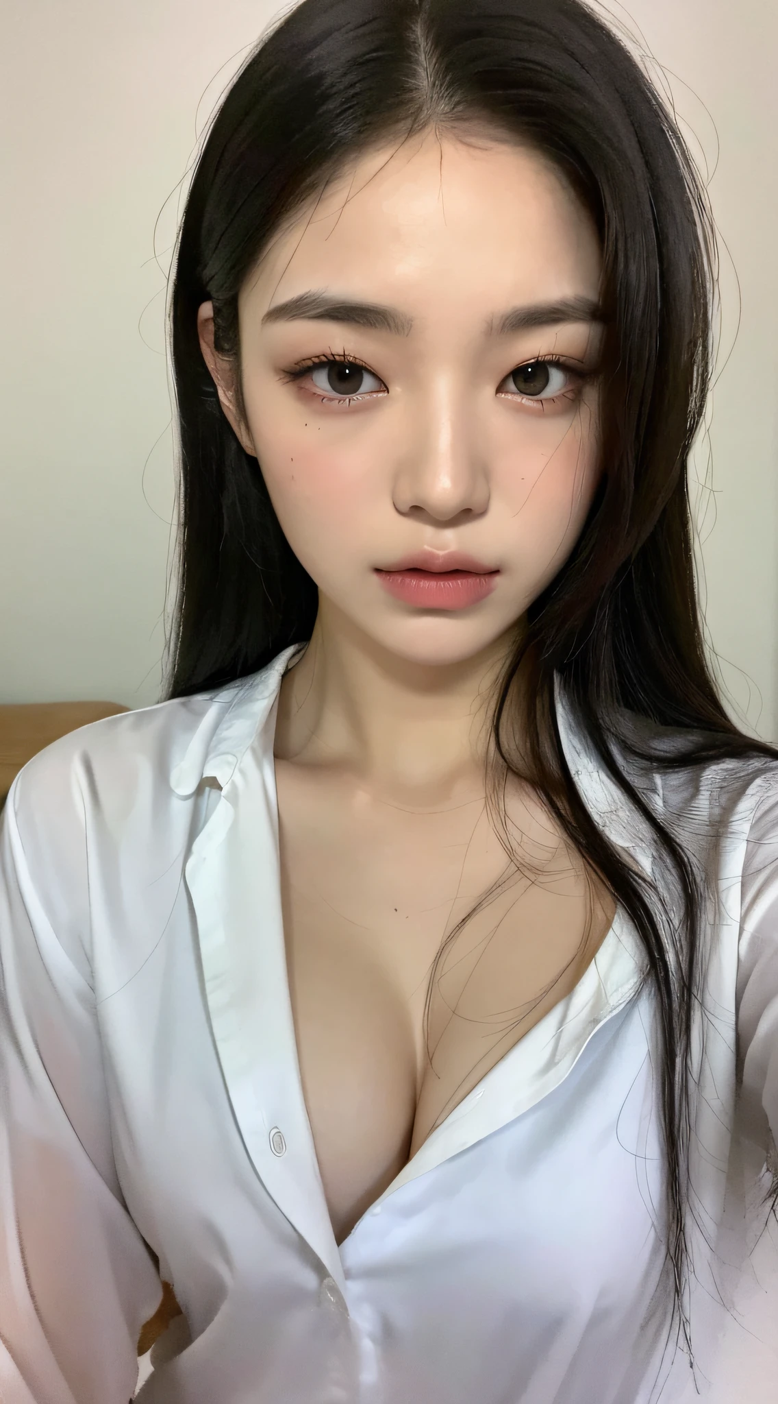 ((Top quality, 8k, Masterpiece: 1.3)), beauty, hidden face, 1 girl, beauty: 1.3, slender abs: 1.1, large men's shirt (loose: 1.4) exposed, full chest, long black hair, (kneeling on bed), ultra-detailed face, highly detailed lips, detailed eyes, double eyelids, strict head and body ratio: 1.5,
