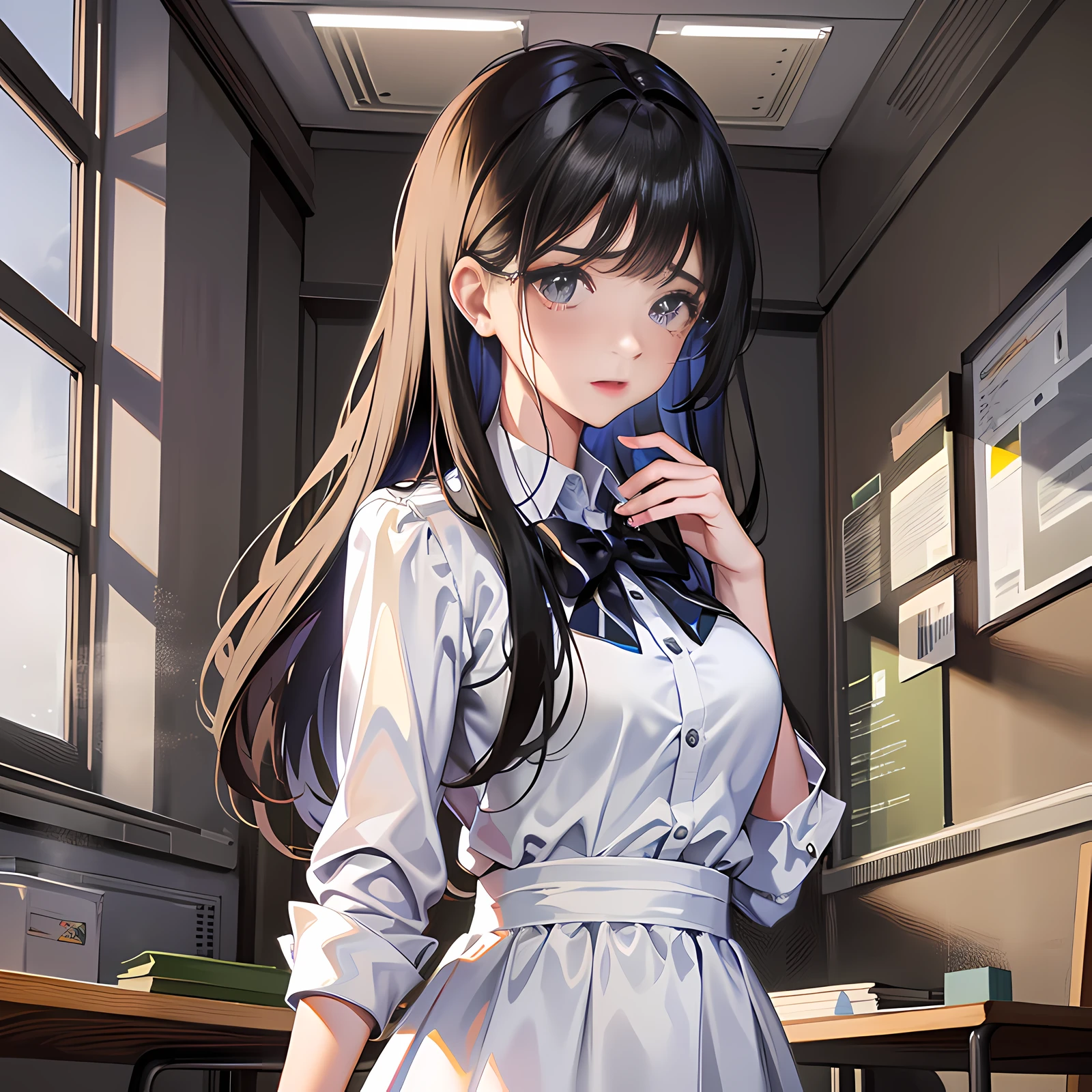 In the classroom, there is a girl standing up, long black hair, crying, tears, super detailed, 4k, white, no bow tie, super detail,