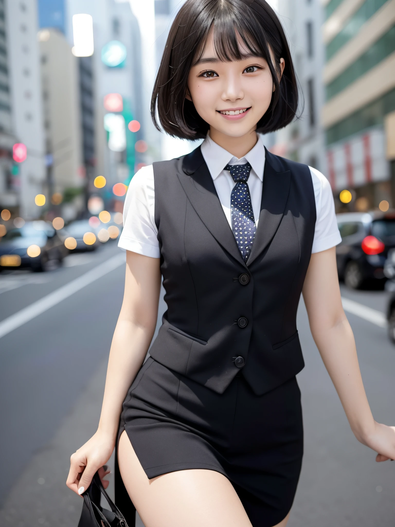 20-year-old Japan woman, straight black hair cut down to the shoulders, smiling with teeth showing, neat, intelligent, (small breasts), black suit, (black vest)), (Navy blue white, small and many polka-dot ties)))), ((plain white shirt)), (Against the backdrop of a busy city with car traffic))